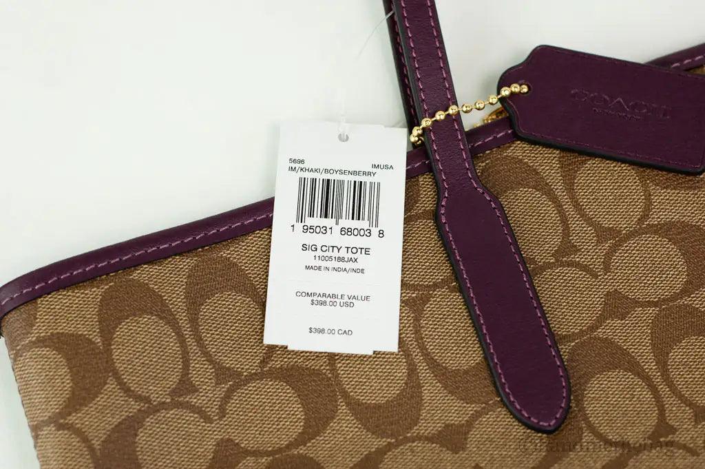 Coach (5696) Signature Coated Canvas Khaki Boysenberry City Tote Shoulder Bag - Evallys.com # #