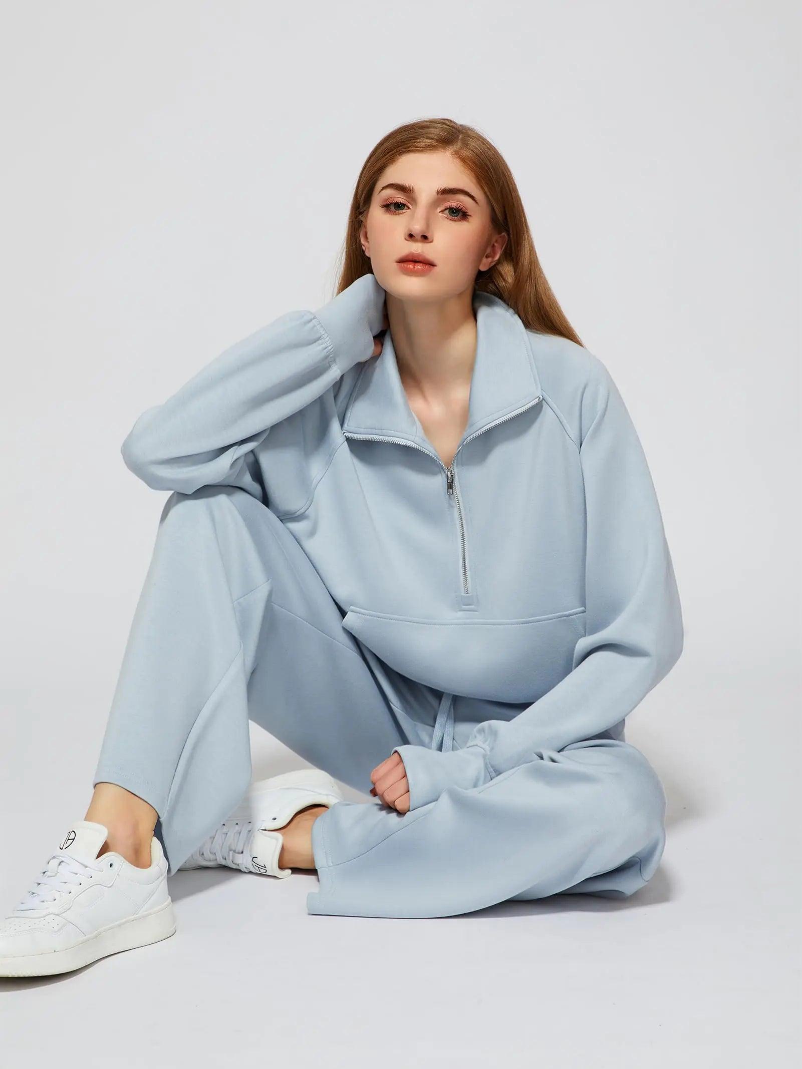 Women's 2 Piece Outfits Lounge Set 2024 Oversized Half Zip Sweatshirt Wide Leg Sweatpant Set Sweatsuit Tracksuit X-Small Light Blue - Evallys.com # #