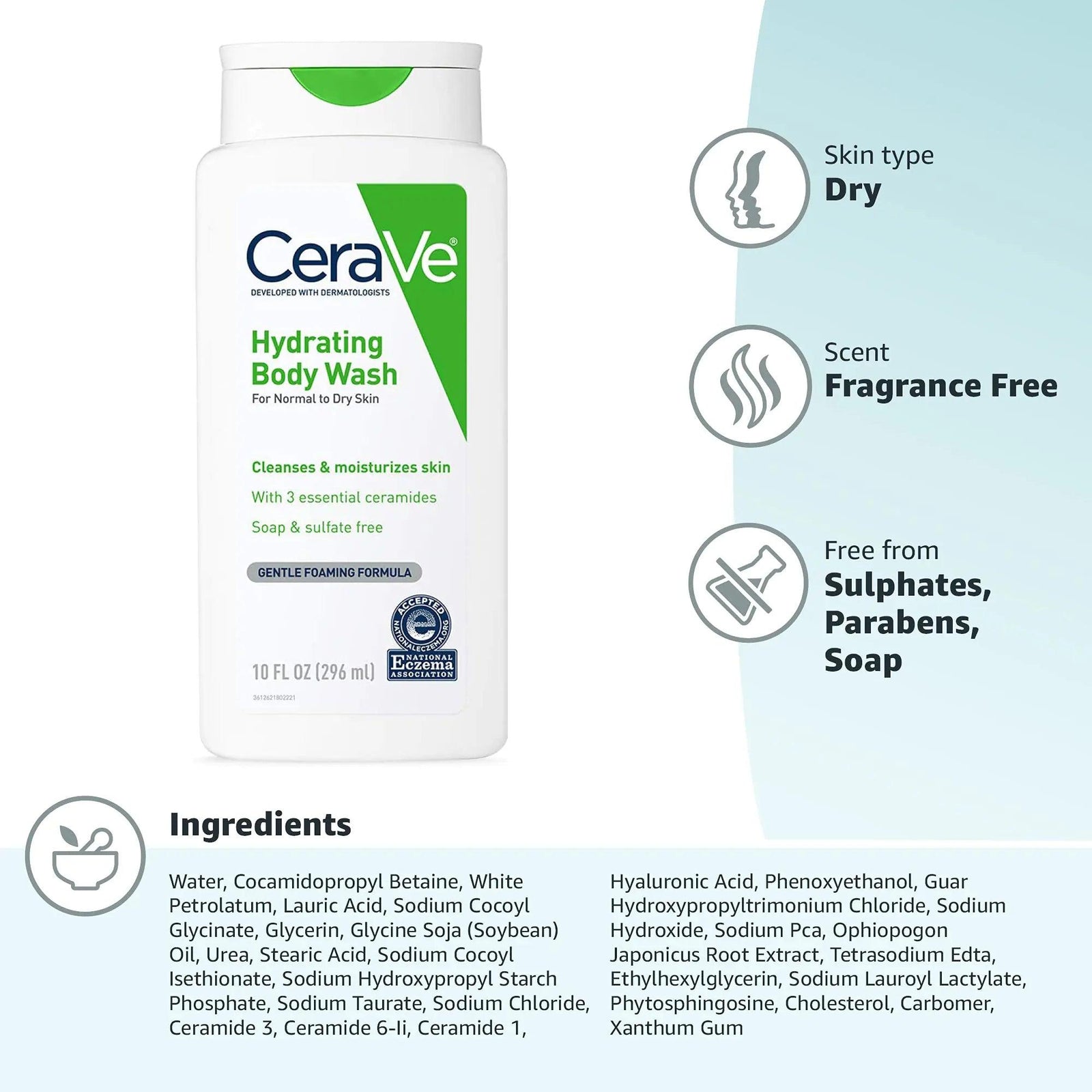 CeraVe Body Wash for Dry Skin | Moisturizing Body Wash with Hyaluronic Acid and Ceramides | Paraben, Sulfate & Fragrance Free | 10 Ounce - Evallys.com # #