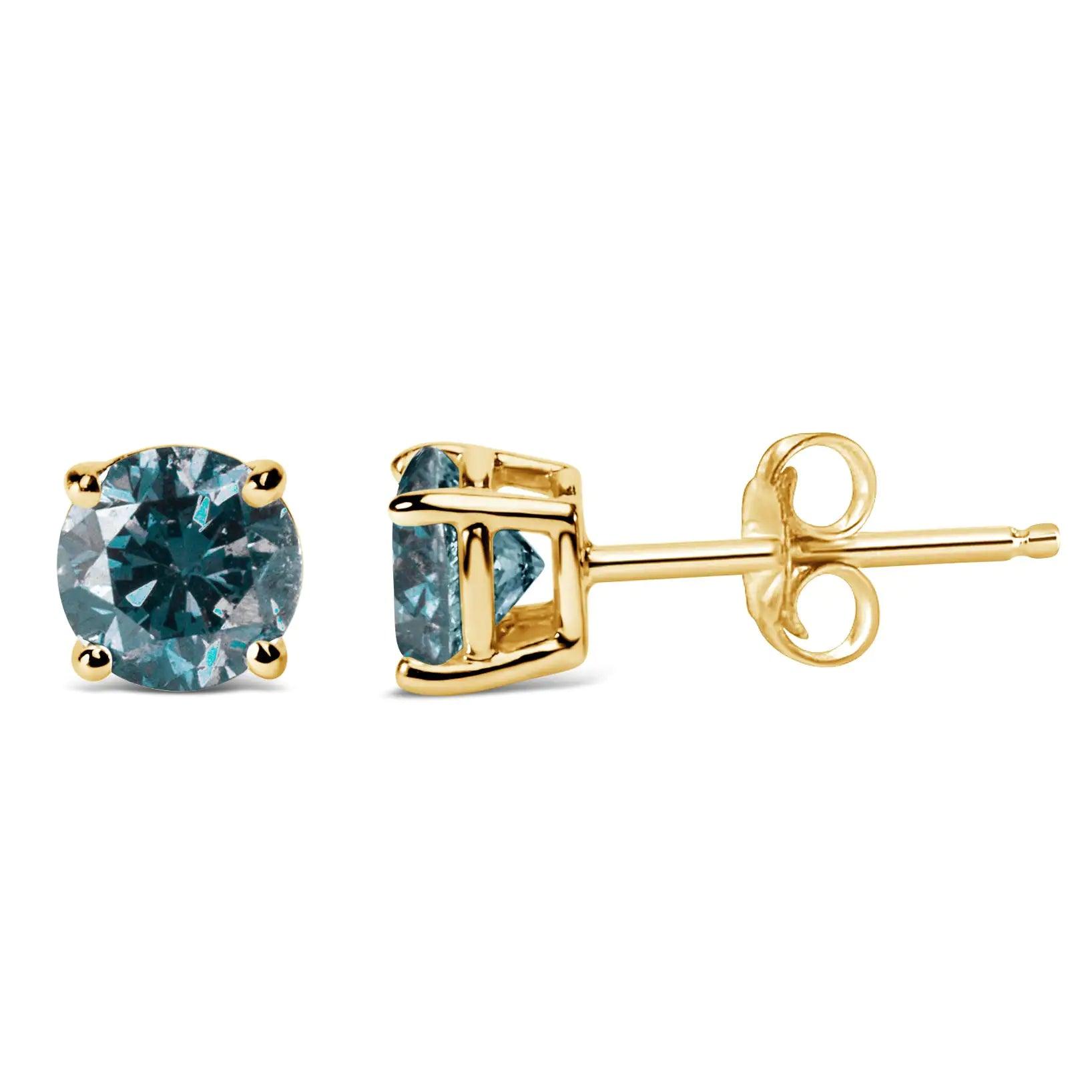 14K Gold Round Brilliant Cut Lab Grown Blue Diamond 4-Prong Classic Solitaire Stud Earrings with Pushbacks - Evallys.com # #