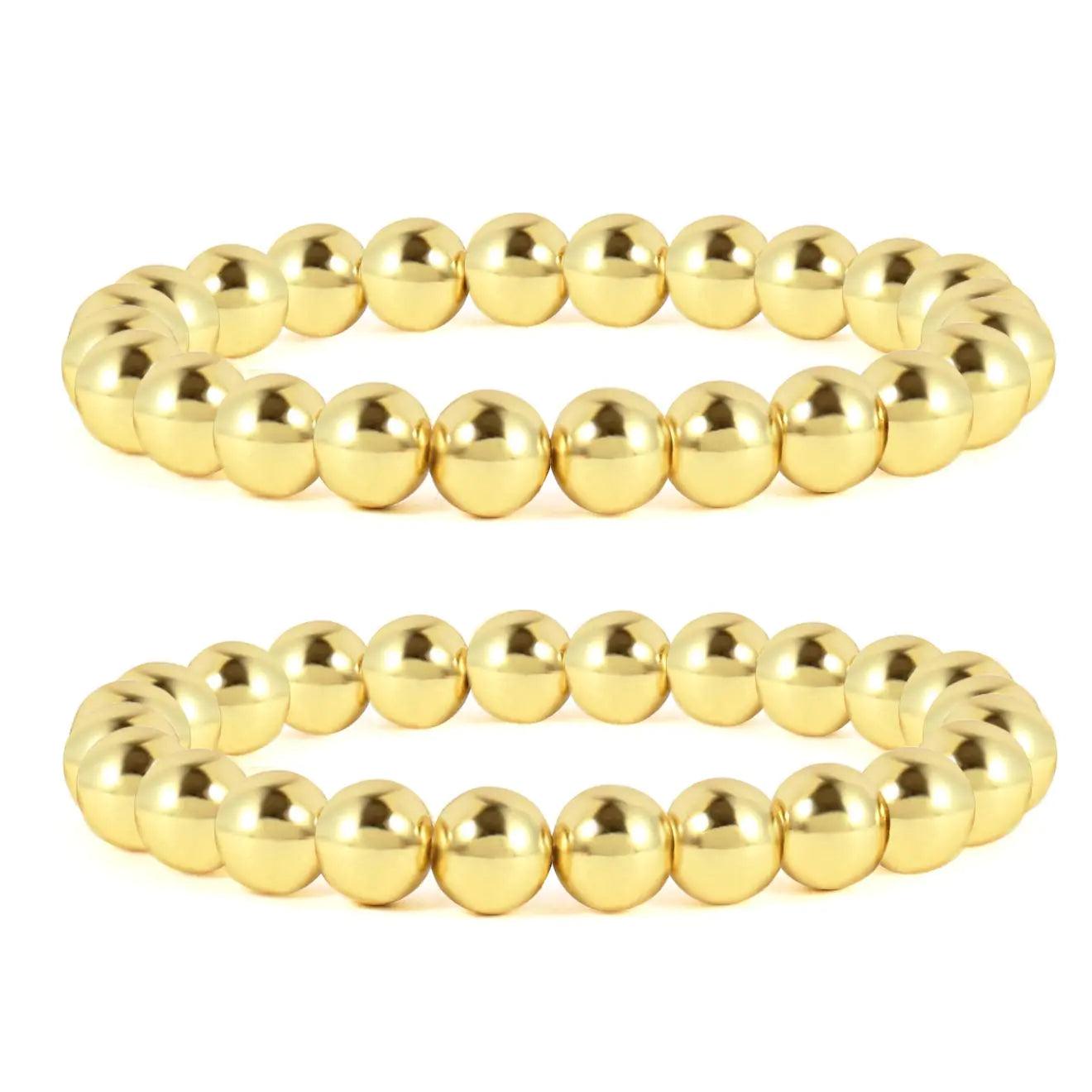 Badu Gold Bead Bracelet for Women 14K Gold Plated Bead Ball Bracelet Stretchable Elastic Hypoallergenic Bohemian Stackable Bracelet Style-25 - Evallys.com # #