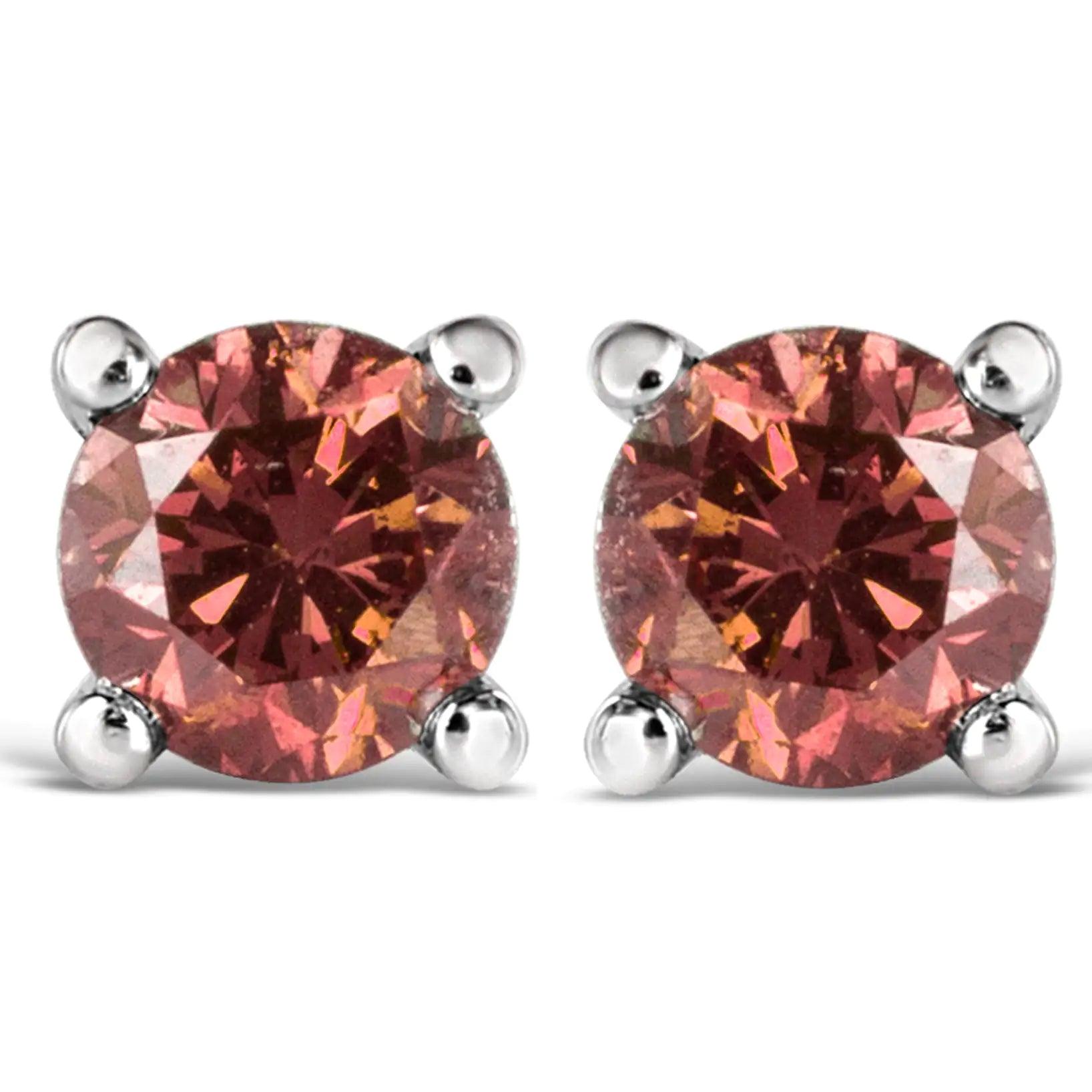 14K Gold 4-Prong Set Round Brilliant-Cut Pink Diamond Solitaire Stud Earrings (Treated Pink Color, VS2-SI1 Clarity) - Evallys.com # #