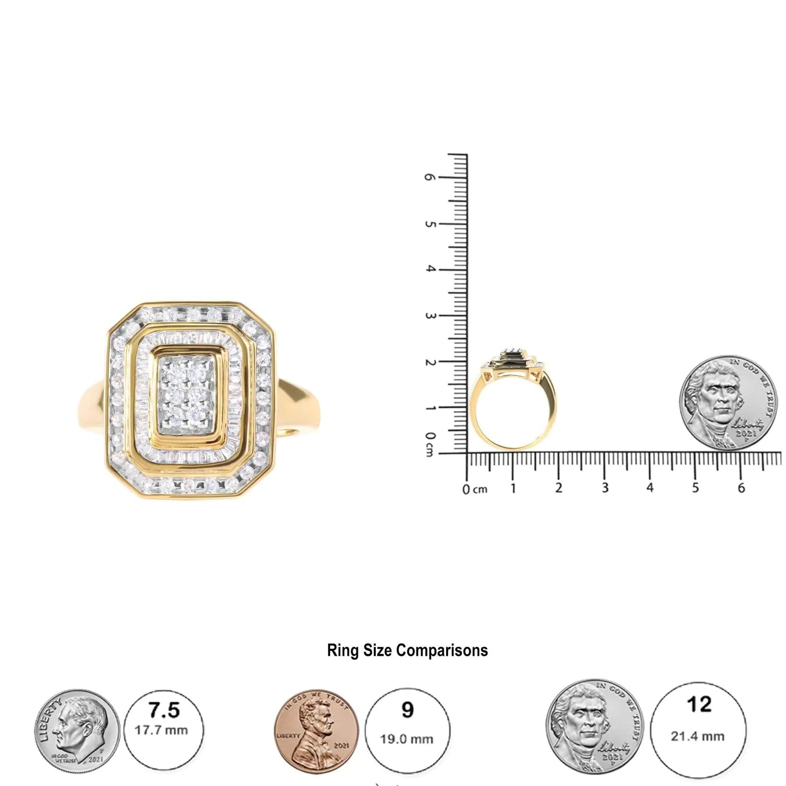 10K Yellow Gold Plated .925 Sterling Silver 1/2 Cttw Round & Baguette Diamond Ring (I-J Color, I2-I3 Clarity) - Evallys.com # #