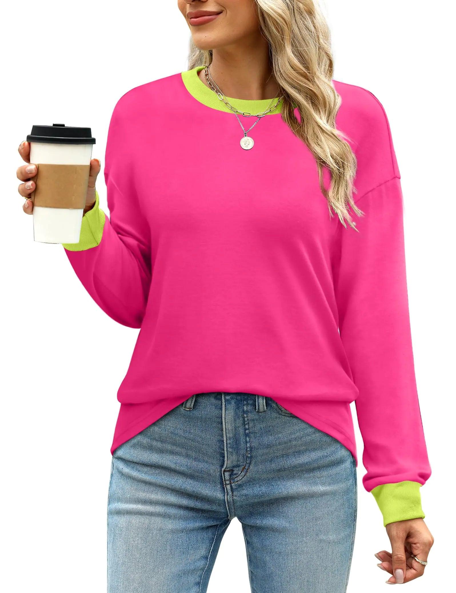 WIHOLL Womens Tunic Tops Long Sleeve Striped Shirts Crewneck Tops Plain Hot Pink X-Large - Evallys.com # #