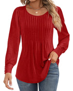 Ficerd Women's Puff Long Sleeve Tunic Tops Pleated Crew Neck Blouses Dressy Casual Loose Fit Fall and Winter Shirts Pink Floral Large - Evallys.com