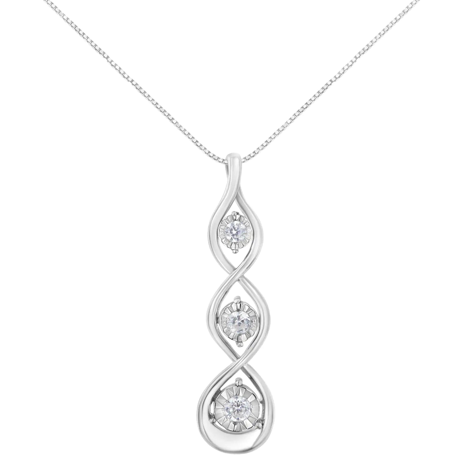 10K White Gold 1/4 cttw 3-Stone Diamond Drop Twisted Pendant Necklace (I-J, I2-I3) - Evallys.com # #