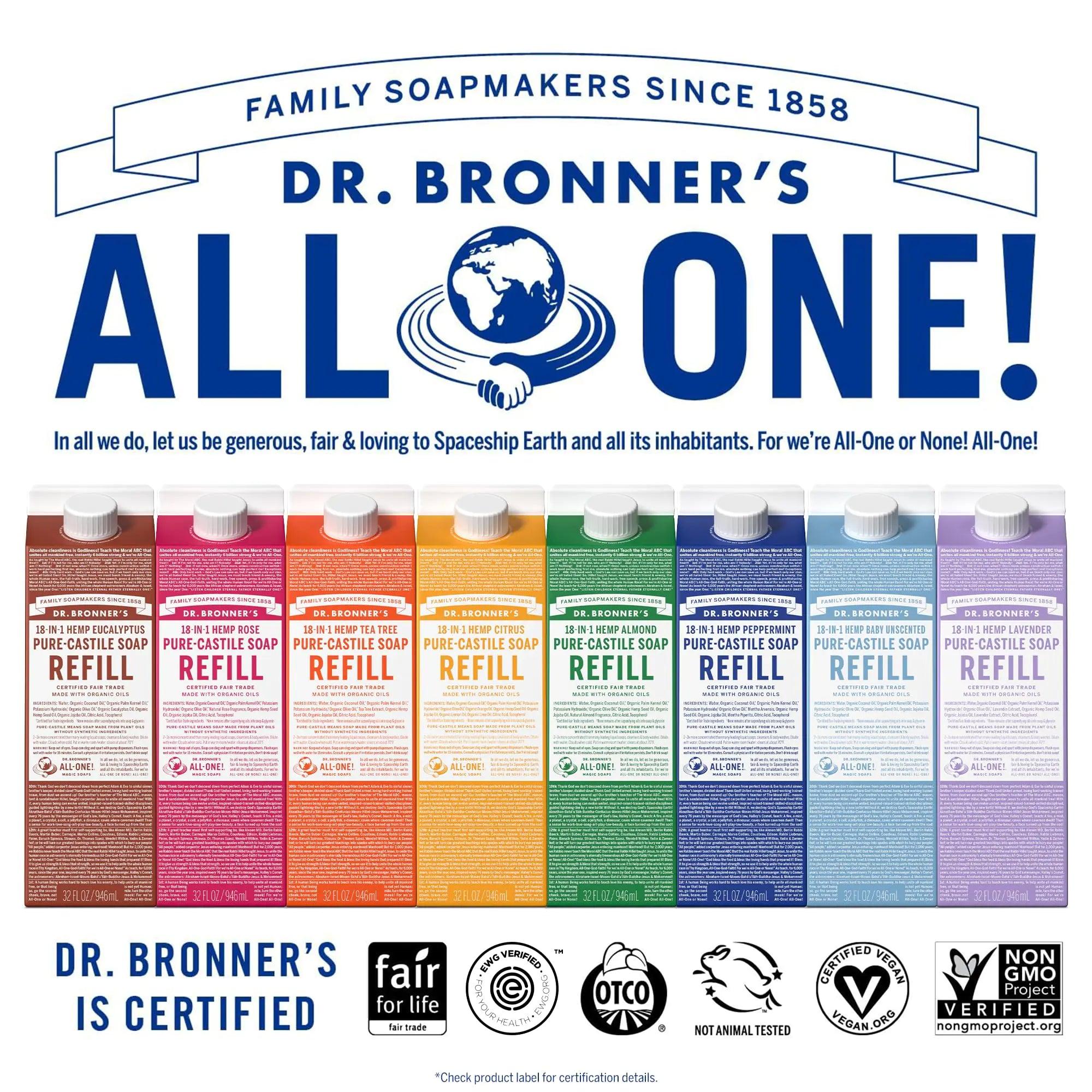 Dr. Bronner's - Pure-Castile Liquid Soap Refill, 82% Less Plastic per Quart, Made with Organic Oils, 18-in-1 Uses, For Face, Body, Hand Soap Refill, Hair, Laundry, Pets & Dishes (32oz, Tea Tree) - Evallys.com # #