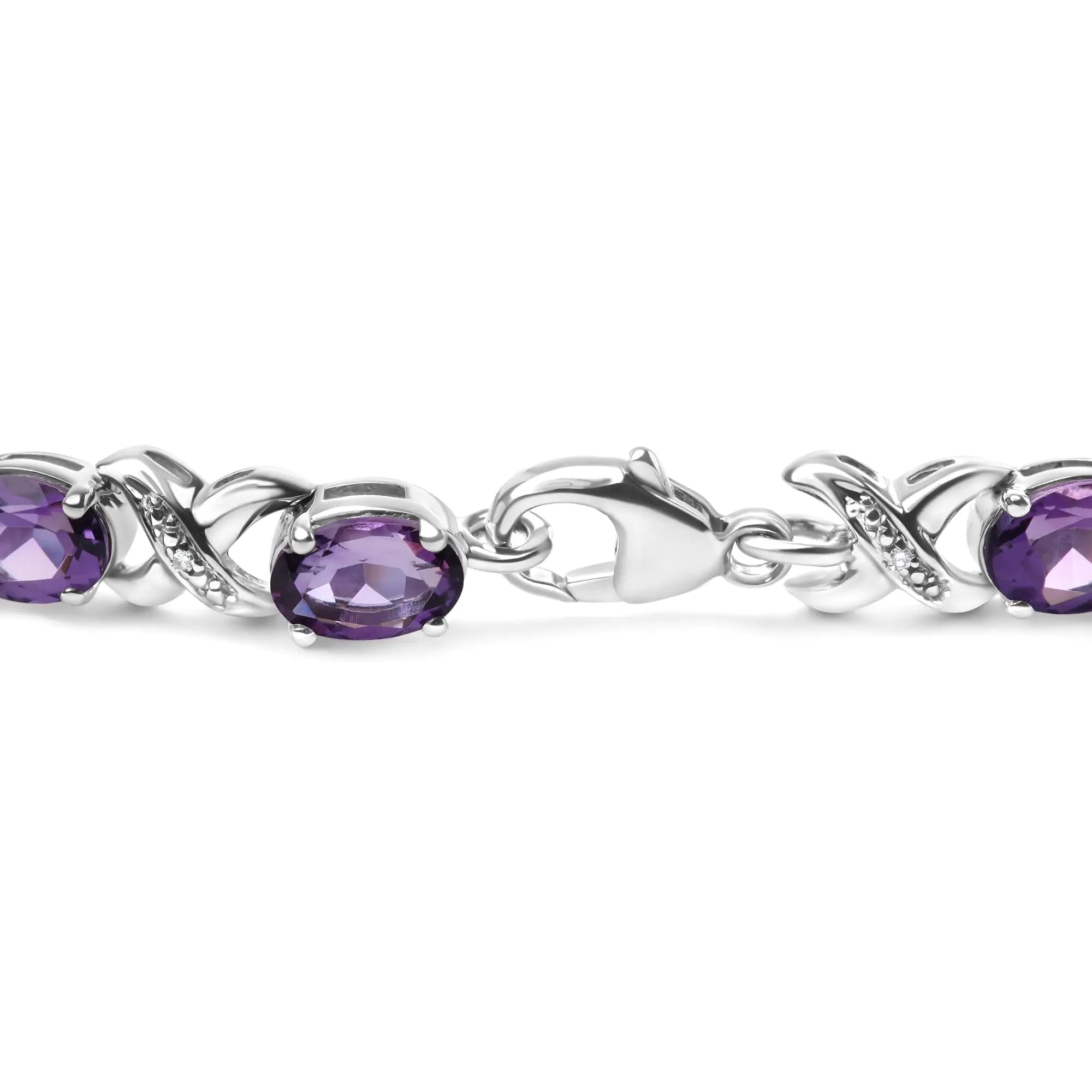 .925 Sterling Silver 7x5mm Oval Amethyst and Diamond Accent X-Link Bracelet (H-I Color, SI1-SI2 Clarity)  - Size 7" - Evallys.com # #