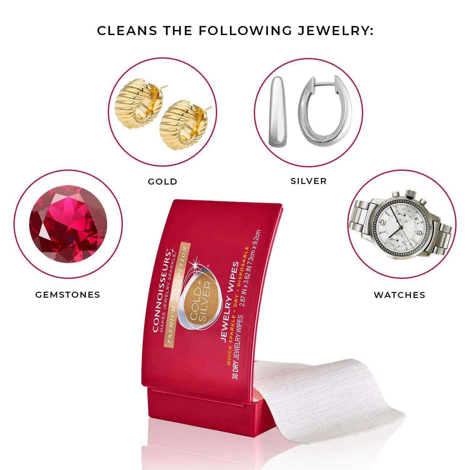 CONNOISSEURS Premium Edition Compact Jewelry Wipes -20% More, No Rinse Gold and Silver Jewelry Cleaner, Polish and Remove Tarnish to Restore Brilliance, Dry Disposable Wipes, 30 Count - Evallys.com # #