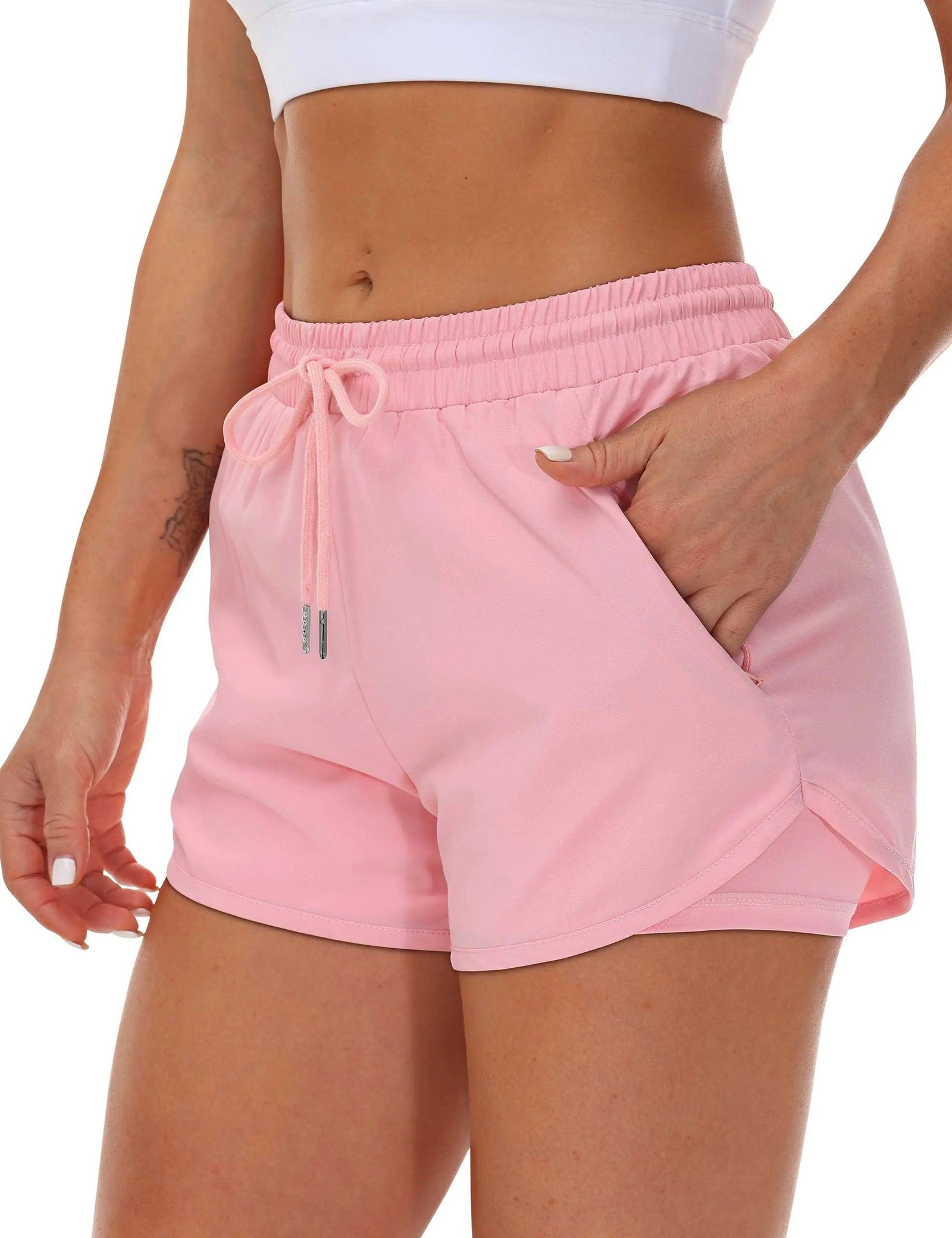 Women's Running Shorts with Liner 3 Zipper Pockets Elastic Workout Athletic Gym Yoga Shorts Small Pink - Evallys.com # #