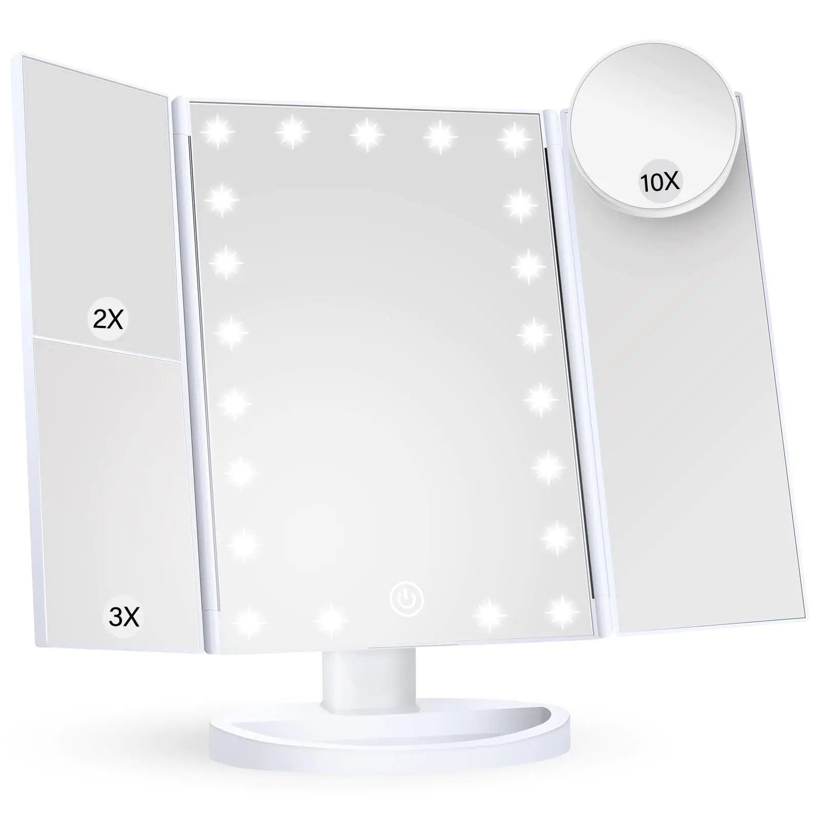 HUONUL Makeup Mirror Vanity with Lights, 2X 3X 10X Magnification, Lighted Mirror, Touch Control, Trifold Dual Power Supply, Portable LED Women Gift (Green) Green - Evallys.com # #