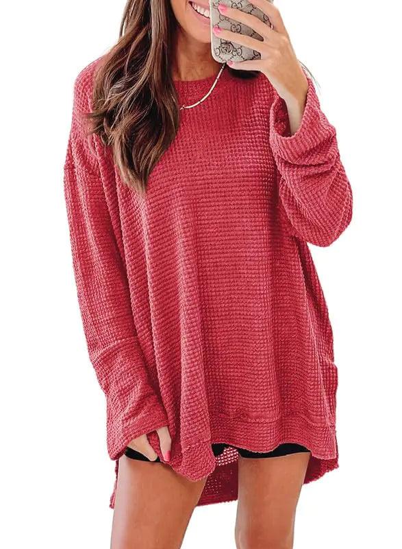 SHEWIN Womens Fall Long Sleeve Tops Crewneck Fall Shirts for Women Solid Color Waffle Knit Tunic Tops X-Large 1 Red - Evallys.com # #