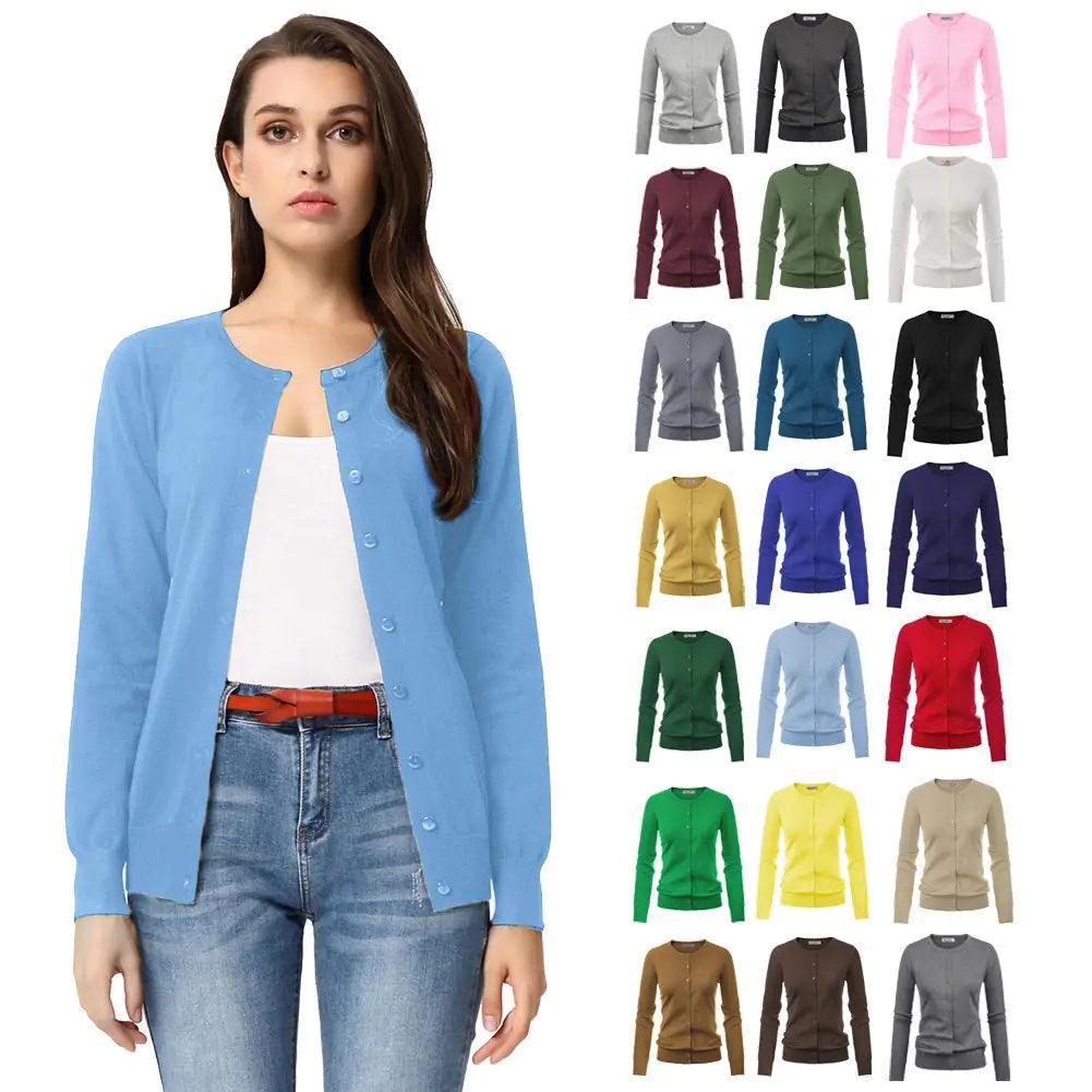 GRACE KARIN Women's Long Sleeve Button Down Crew Neck Classic Sweater Knit Cardigan Baby Blue Large - Evallys.com # #