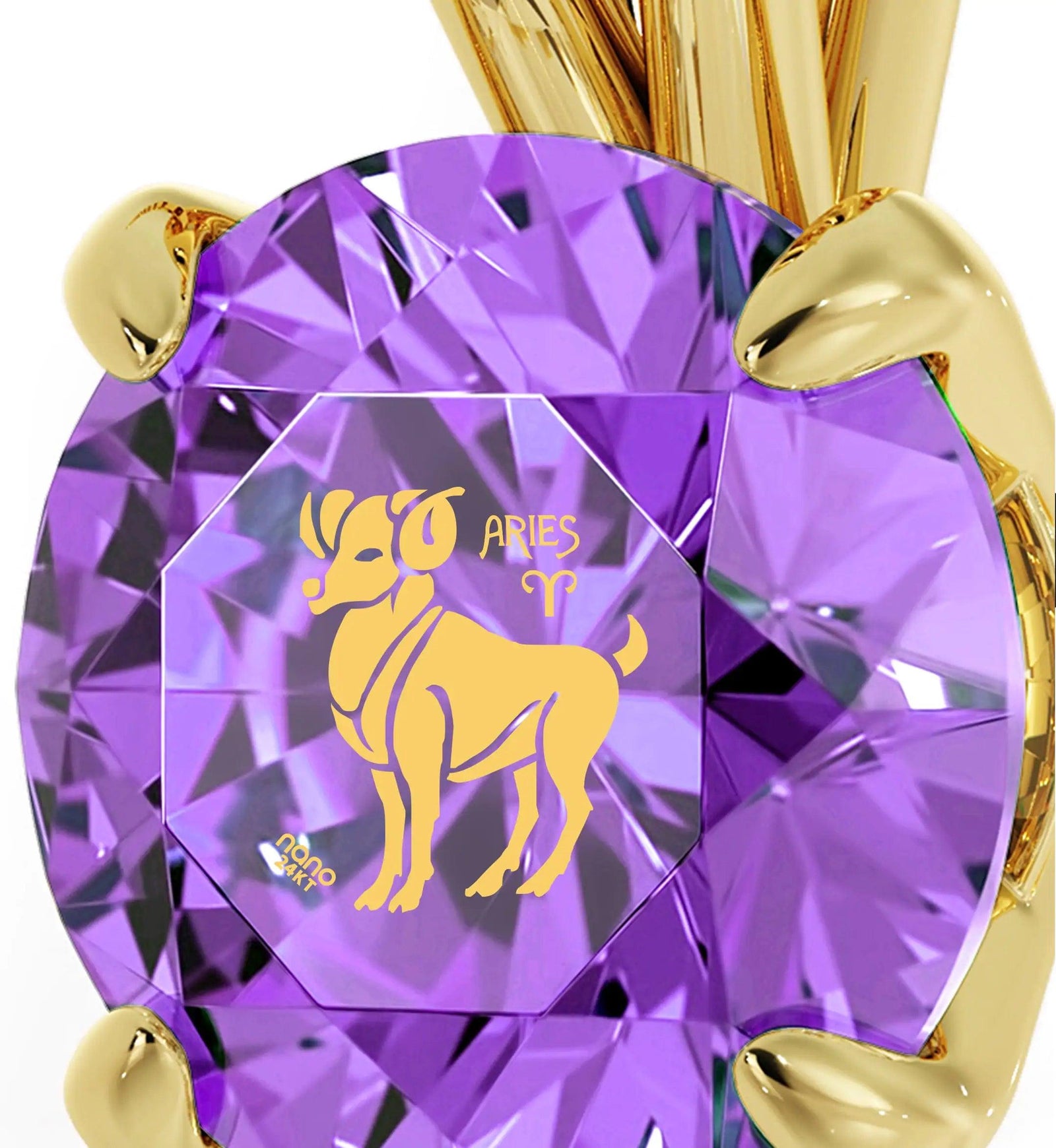 14k Yellow Gold Aries Necklace Zodiac Pendant 24k Gold inscribed on Crystal - Evallys.com