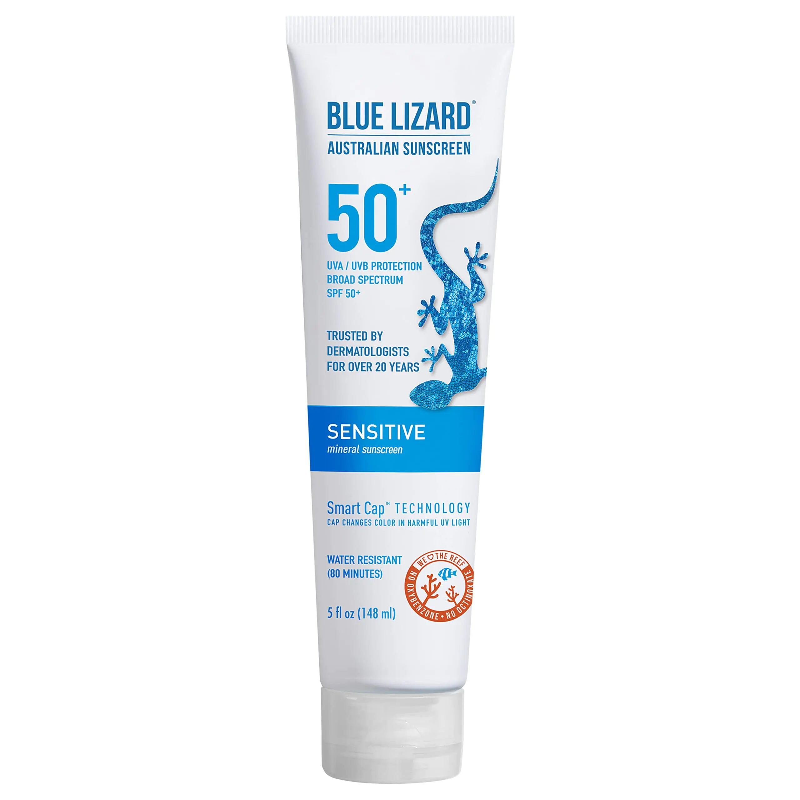 BLUE LIZARD Sensitive Mineral Sunscreen with Zinc Oxide 50+ Water Resistant UVAUVB Protection with Smart Cap Technology Fragrance Free, Sensitve, SPF 50 - - Tube, Unscented, 5 Fl Oz 5 Fl Oz (Pack of 1) - Evallys.com # #