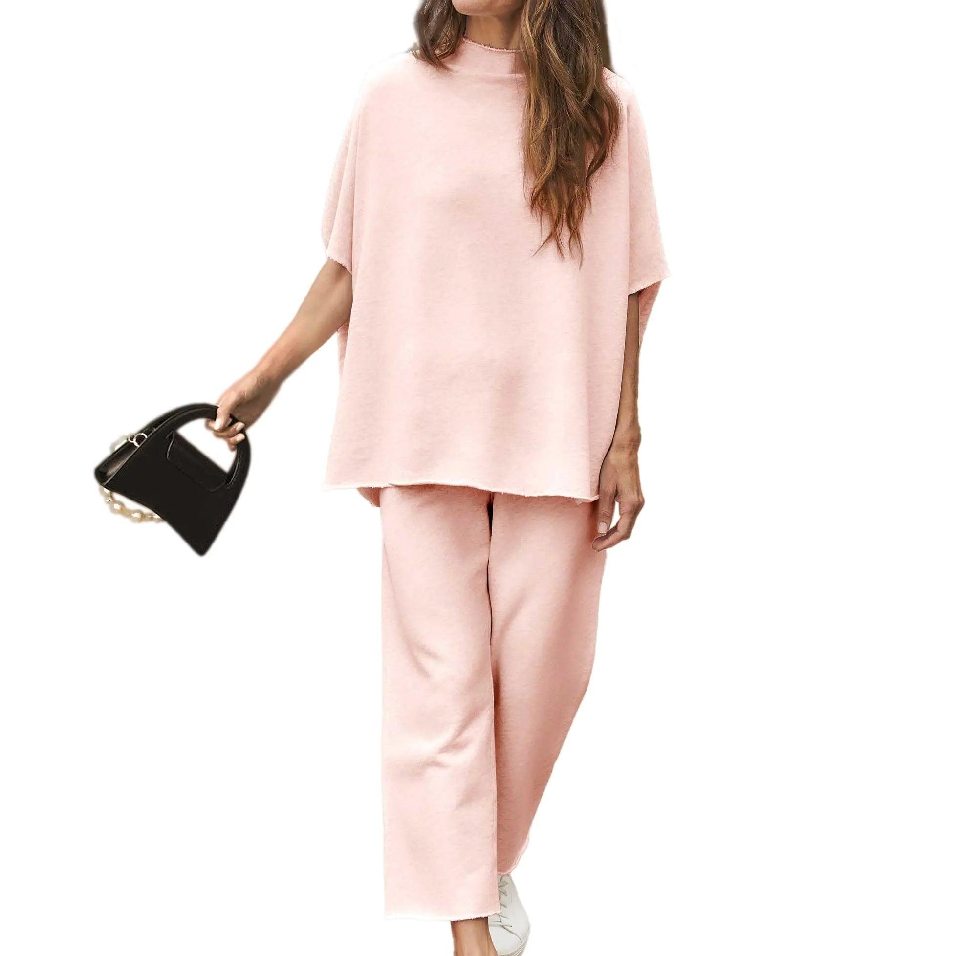 Women's Two Piece Outfits 3/4 Batwing Sleeve Capelet Crew Neck Pullover Top Wide Leg Pants Lounge Set Pink Small - Evallys.com # #