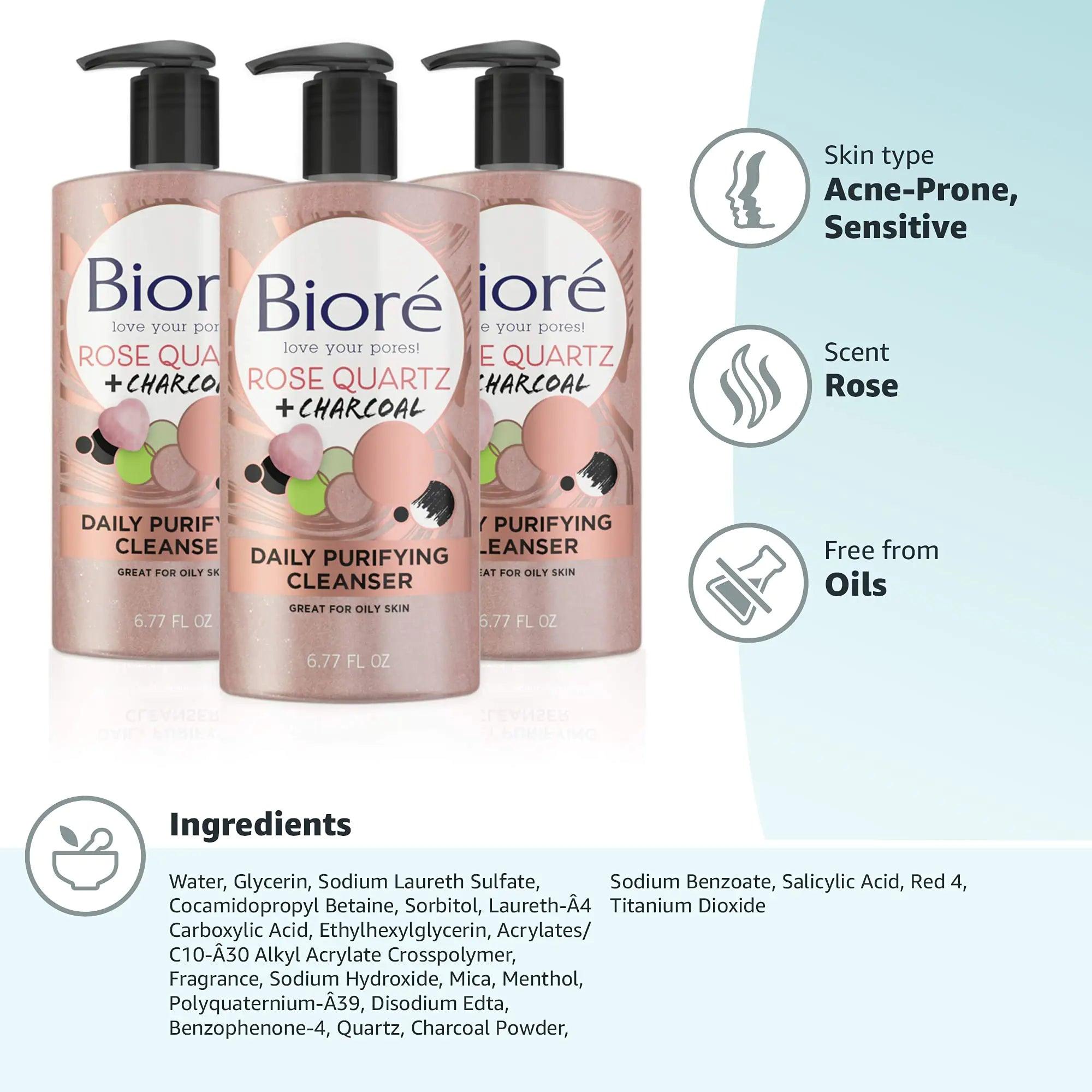 Bioré Rose Quartz + Charcoal Daily Face Wash, Oil Free Facial Cleanser Energizes Skin, Dermatologist Tested and Cruelty Free, 6.77 Ounces (Pack of 3) 6.77 Fl Oz (Pack of 3) - Evallys.com # #