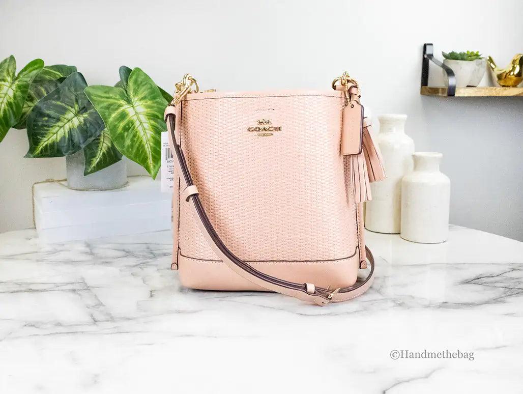 Coach Mollie 22 Shell Pink Straw Leather Bucket Crossbody - Evallys.com # #