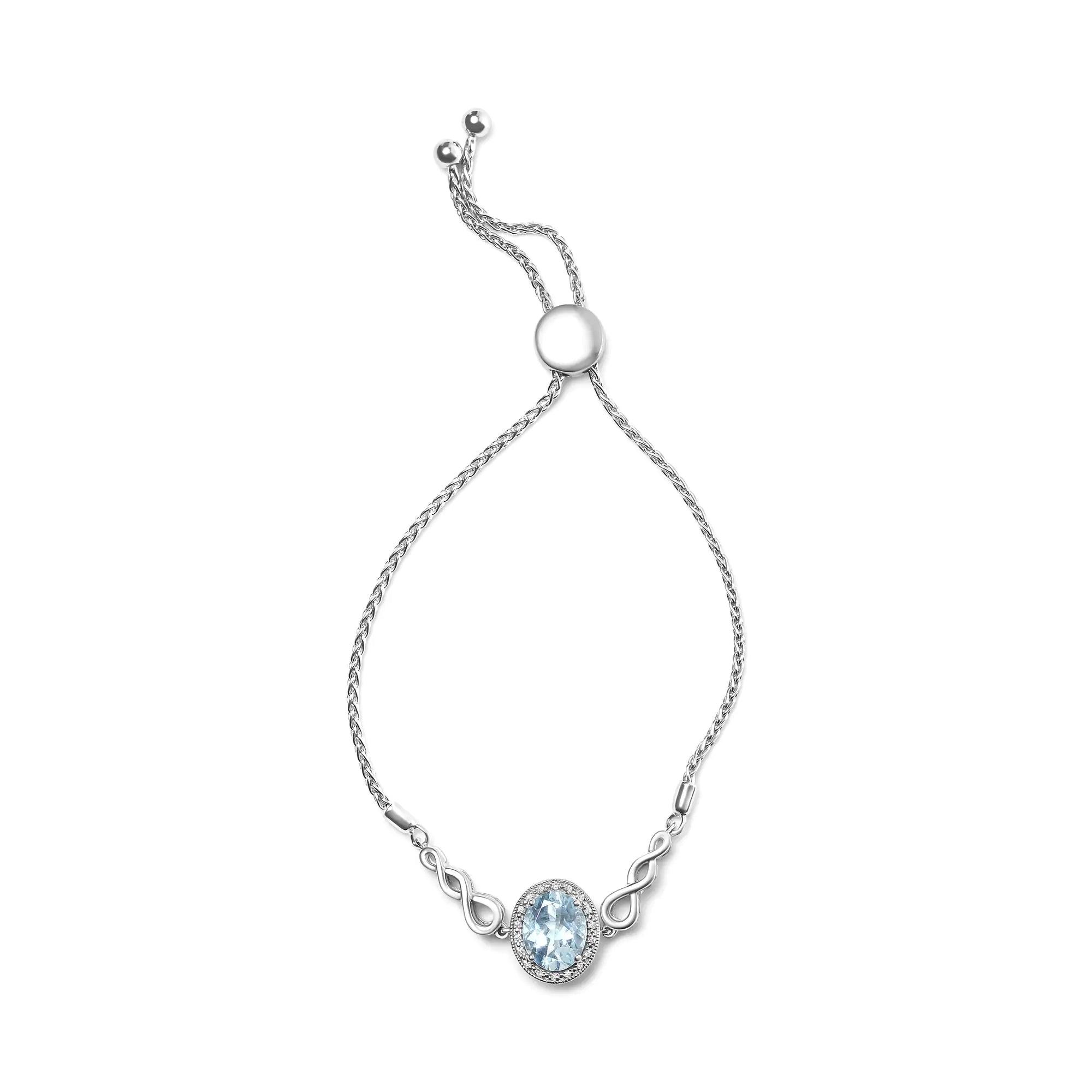 .925 Sterling Silver 10x8mm Oval Blue Topaz and Diamond Accent Lariat 4”-10” Adjustable Bolo Bracelet (H-I Color, SI1-SI2 Clarity) - Evallys.com # #