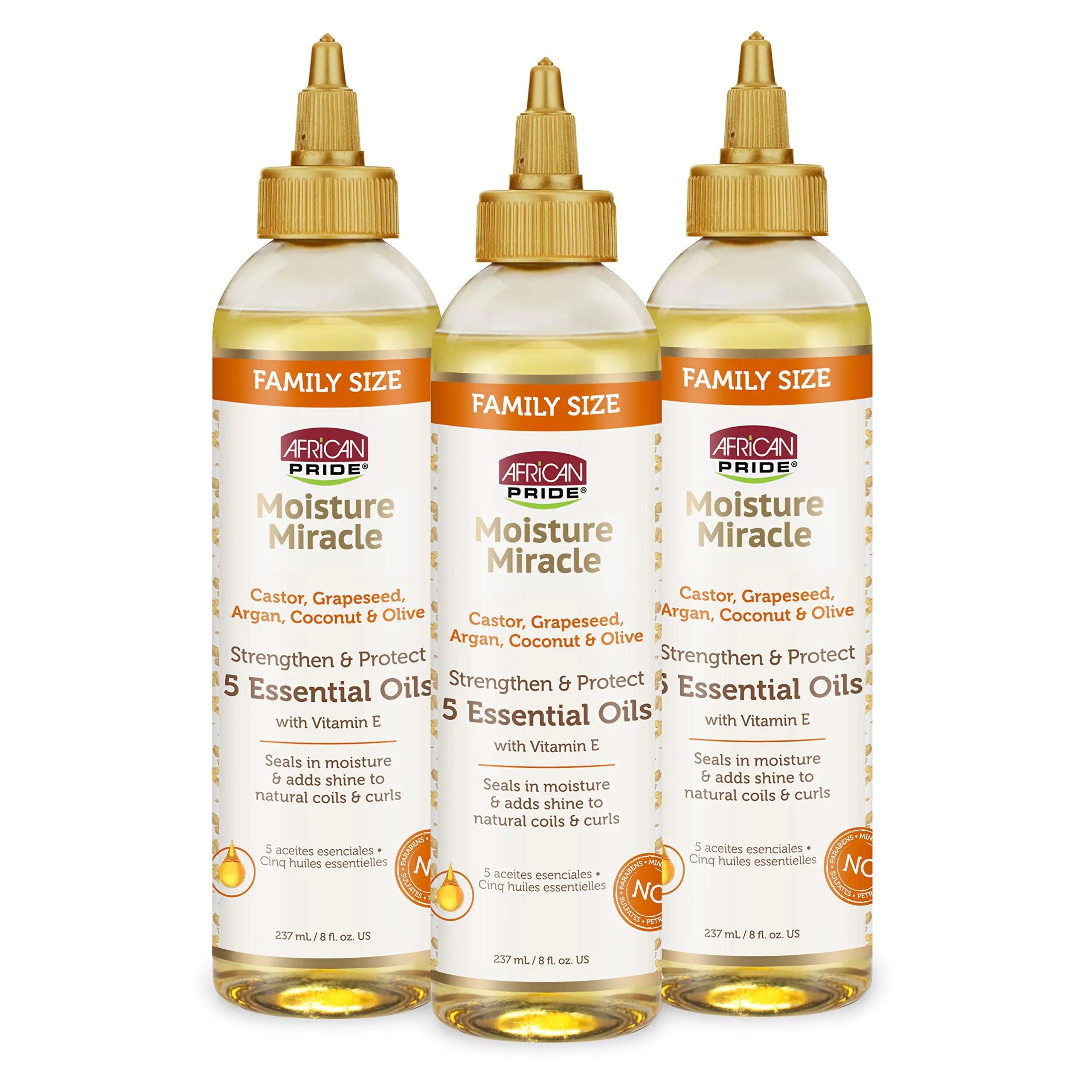 African Pride Moisture Miracle 5 Essential Oils - Contains Castor, Grapeseed, Argan, Coconut & Olive Oil, Seals in Moisture & Adds Shine to Hair, Vitamin E, 4 oz 4 Fl Oz (Pack of 1) - Evallys.com # #