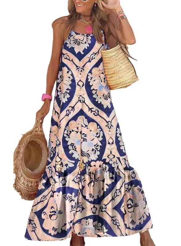 Dokotoo Women Summer Dresses 2024 Spaghetti Strap Scoop Neck Smocked Ruffle Flowy Boho Maxi Dress Small Rose - Evallys.com