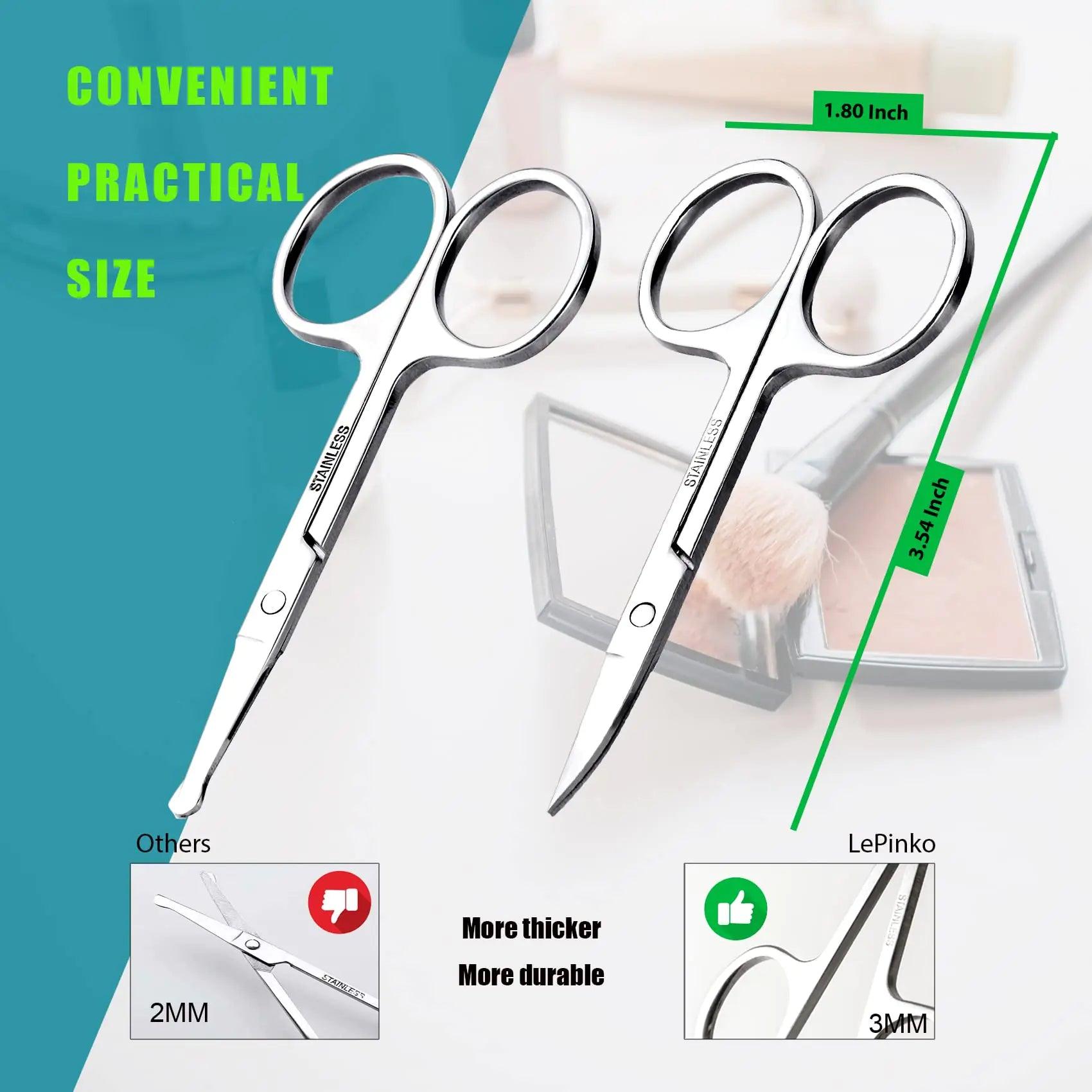 Facial Hair Small Grooming Scissors For Men Women - Eyebrow, Nose Hair, Mustache, Beard, Eyelashes, Ear Trimming Kit - Curved and Rounded Safety Tip Clippers For Hair Cutting - 2PCS Silver - Evallys.com # #