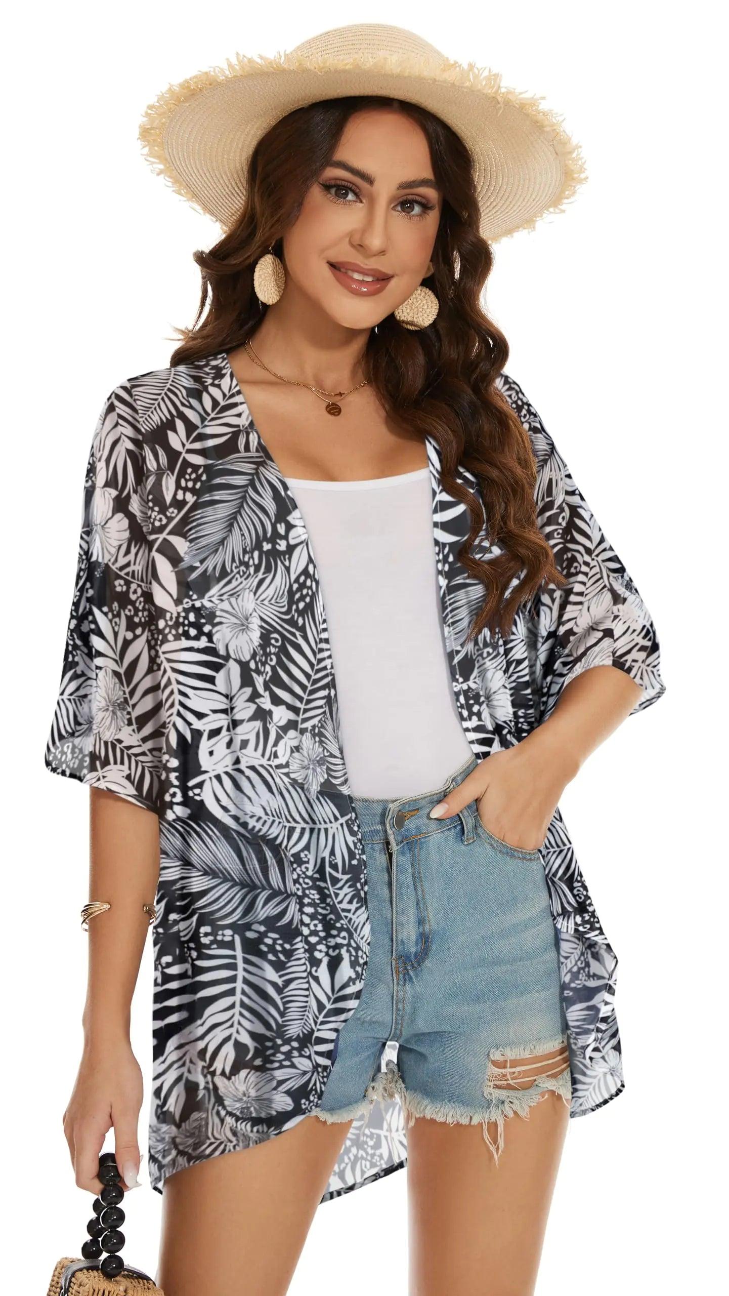 Womens Kimono Beach Cover Up Chiffon Cardigan Floral Tops Loose Capes XX-Large White Leaves - Evallys.com # #