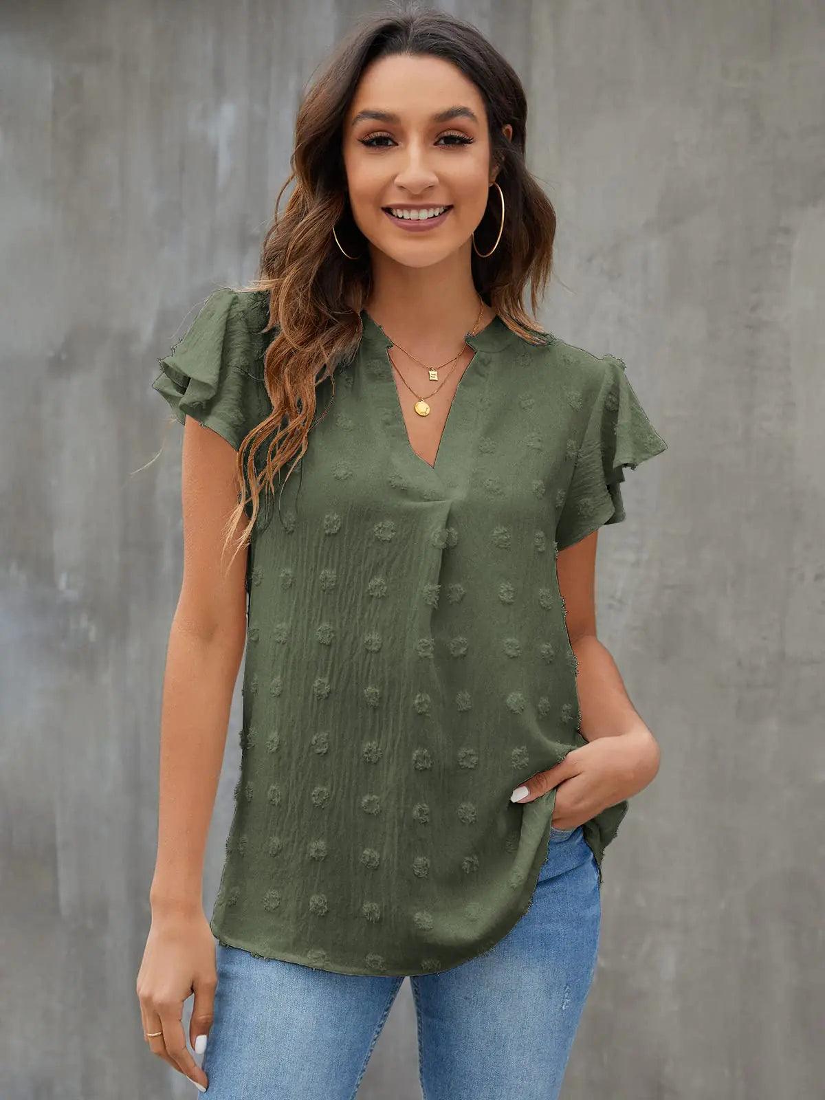 Blooming Jelly Womens White Blouse V Neck Ruffle Sleeve Flowy Shirts Dressy Casual Cute Summer Tops Medium Army Green - Evallys.com # #