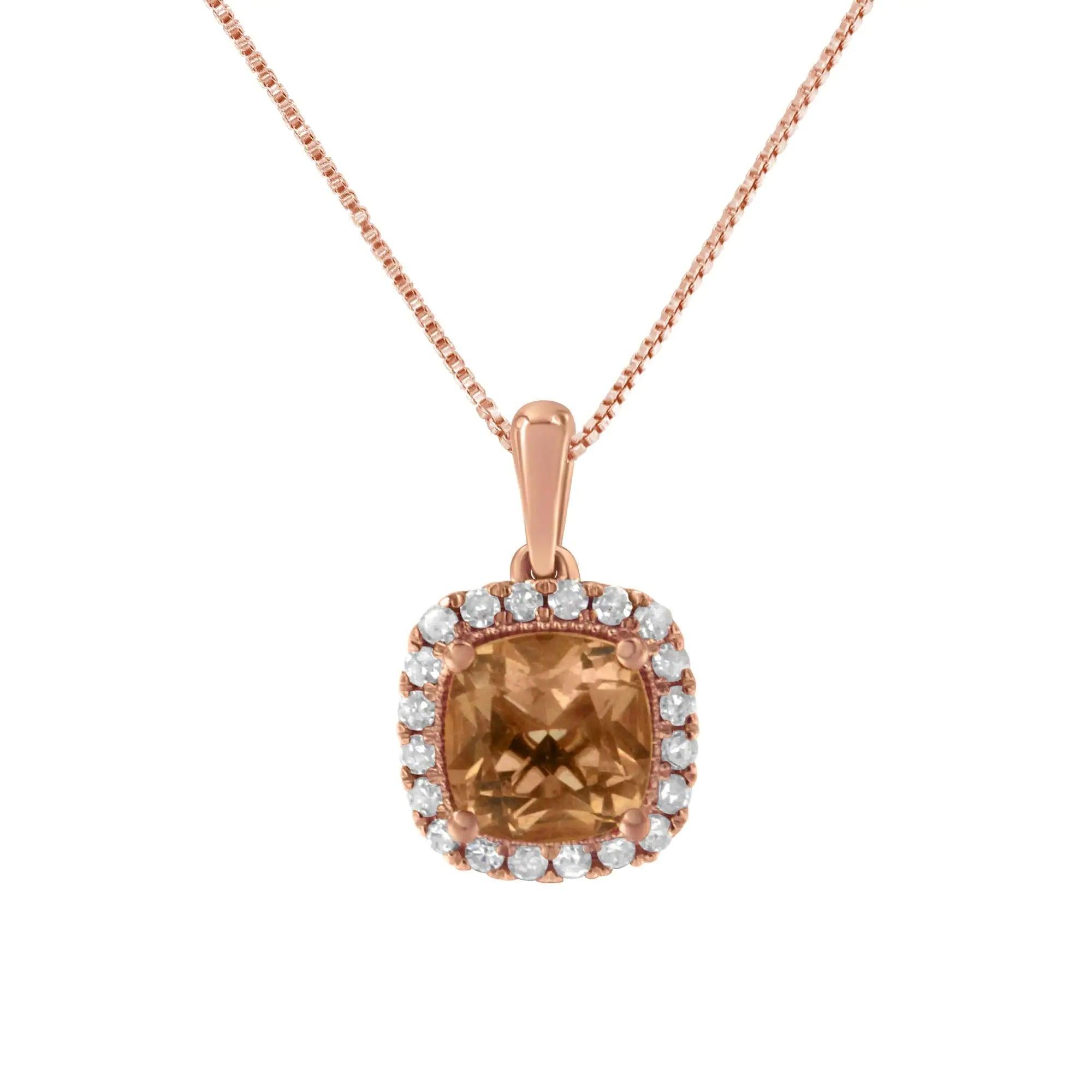 10K Rose Gold 1/4ct Diamond and 8MM Peach Morganite Gemstone Square Pendant (H-I, I1-I2) - Evallys.com # #