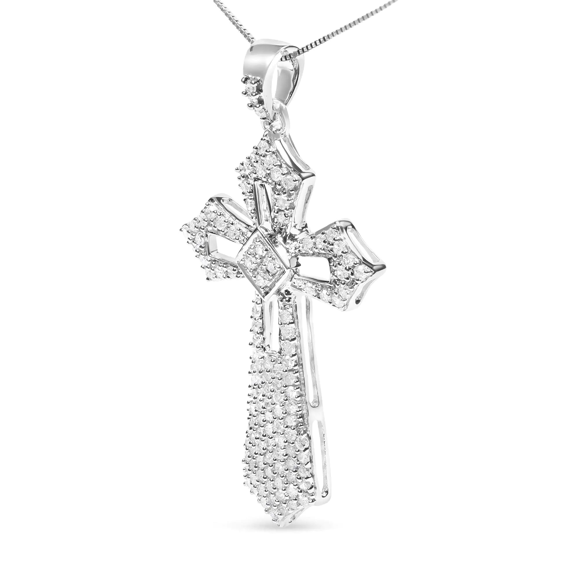 .925 Sterling Silver 1.00 Cttw Diamond Fleur De Lis Cross 18" Pendant Necklace (H-I Color, I2-I3 Clarity) - Evallys.com # #