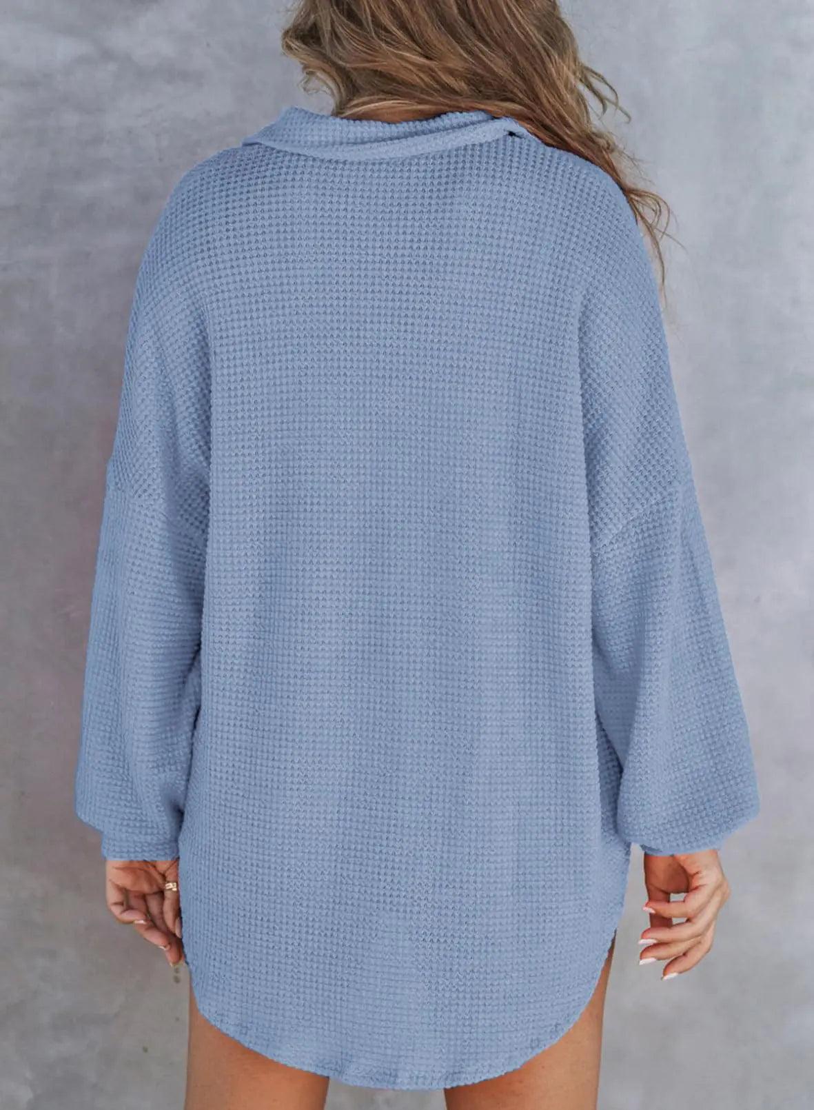 Astylish Women Waffle Knit Tops Henley Shirts Long Sleeve V Neck Solid Color Casual Tunics Large X Sky Blue - Evallys.com # #