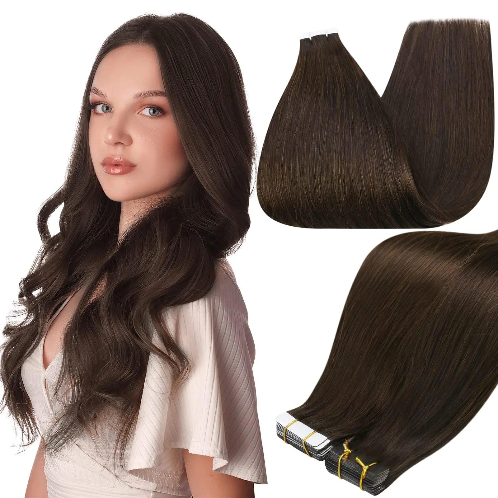 Full Shine Tape in Hair Extensions Remy Human Hair Invisible Skin Weft Color 2 Dark Brown Tape Hair Extensions Brazilian Hair 18 Inch 50 Gram Per Package 20 Pieces Seamless Human Hair Extensions # 2 Brown - Evallys.com # #