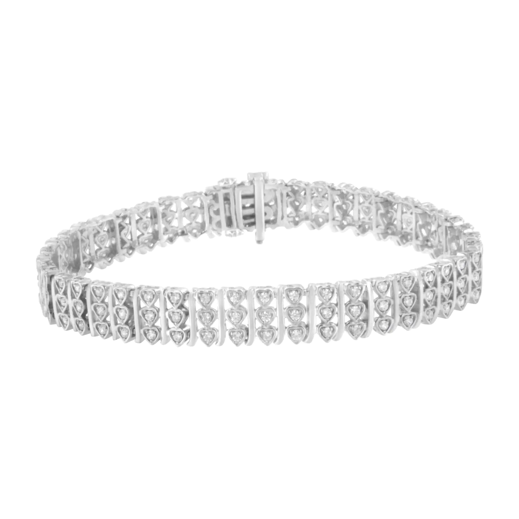 .925 Sterling Silver 1 1/2 cttw Round Diamond 3 Row Heart Link Bracelet (I-J Color,I3 Clarity) - 7.25 " - Evallys.com # #