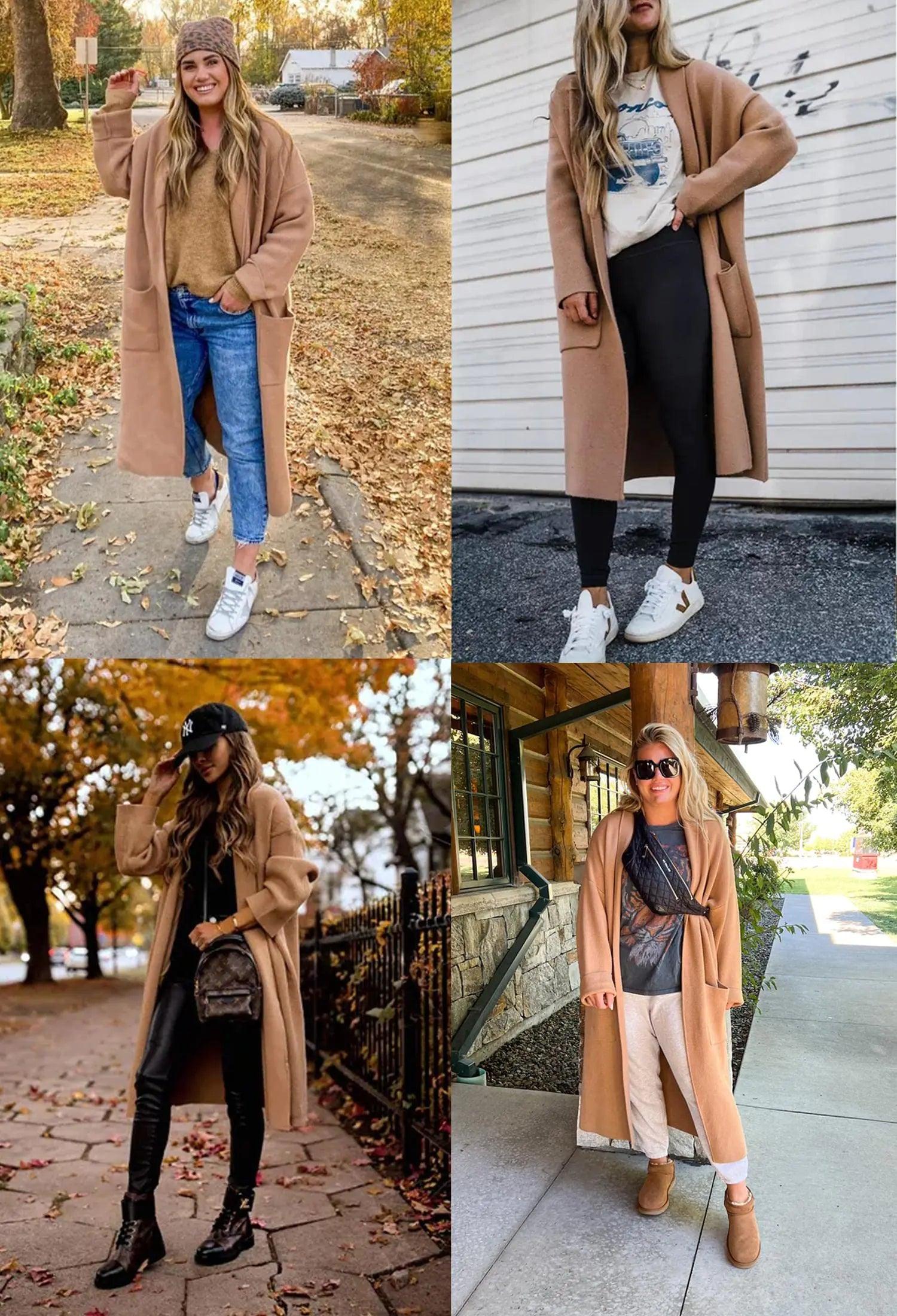 Womens Long Sleeve Maxi Cardigan Open Front Oversized Knitted Sweater Coat Casual Lapel Warm Overcoat with Pockets Small Stone Grey - Evallys.com # #