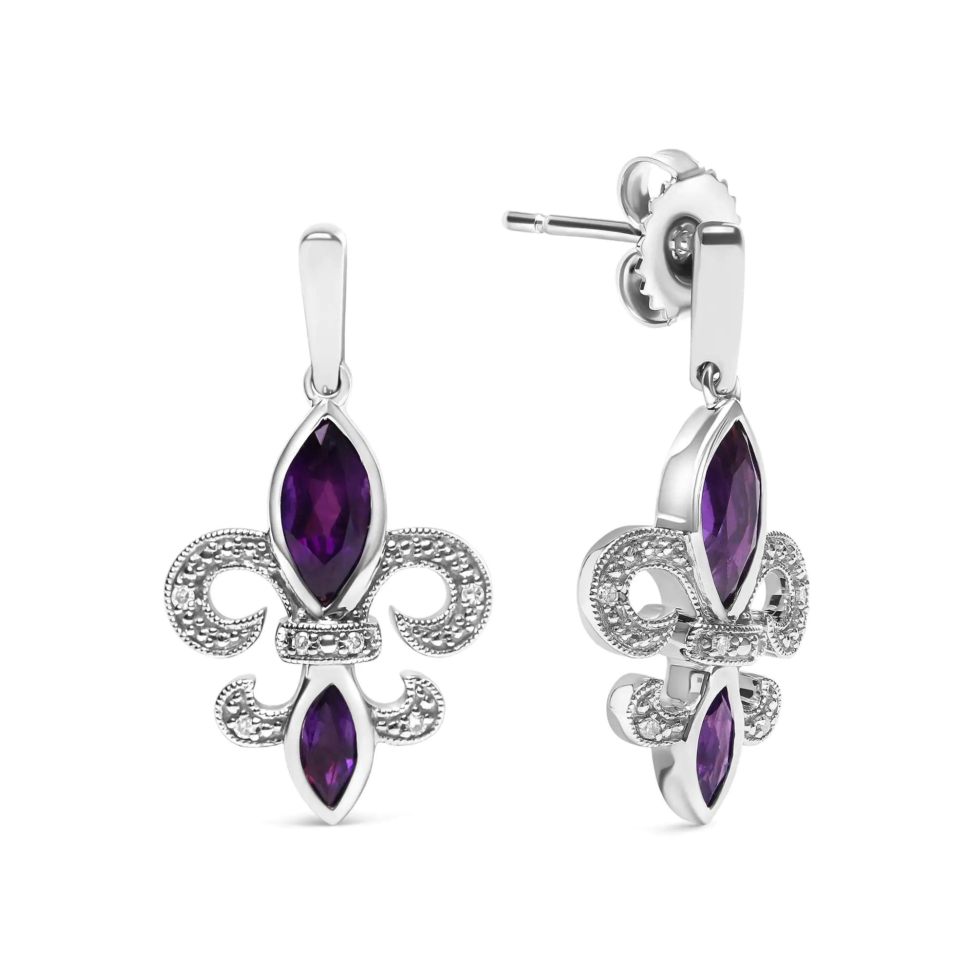 .925 Sterling Silver Marquise Cut Amethyst and Diamond Accent Fleur De Lis Dangle Stud Earrings (H-I Color, SI1-SI2 Clarity) - Evallys.com # #