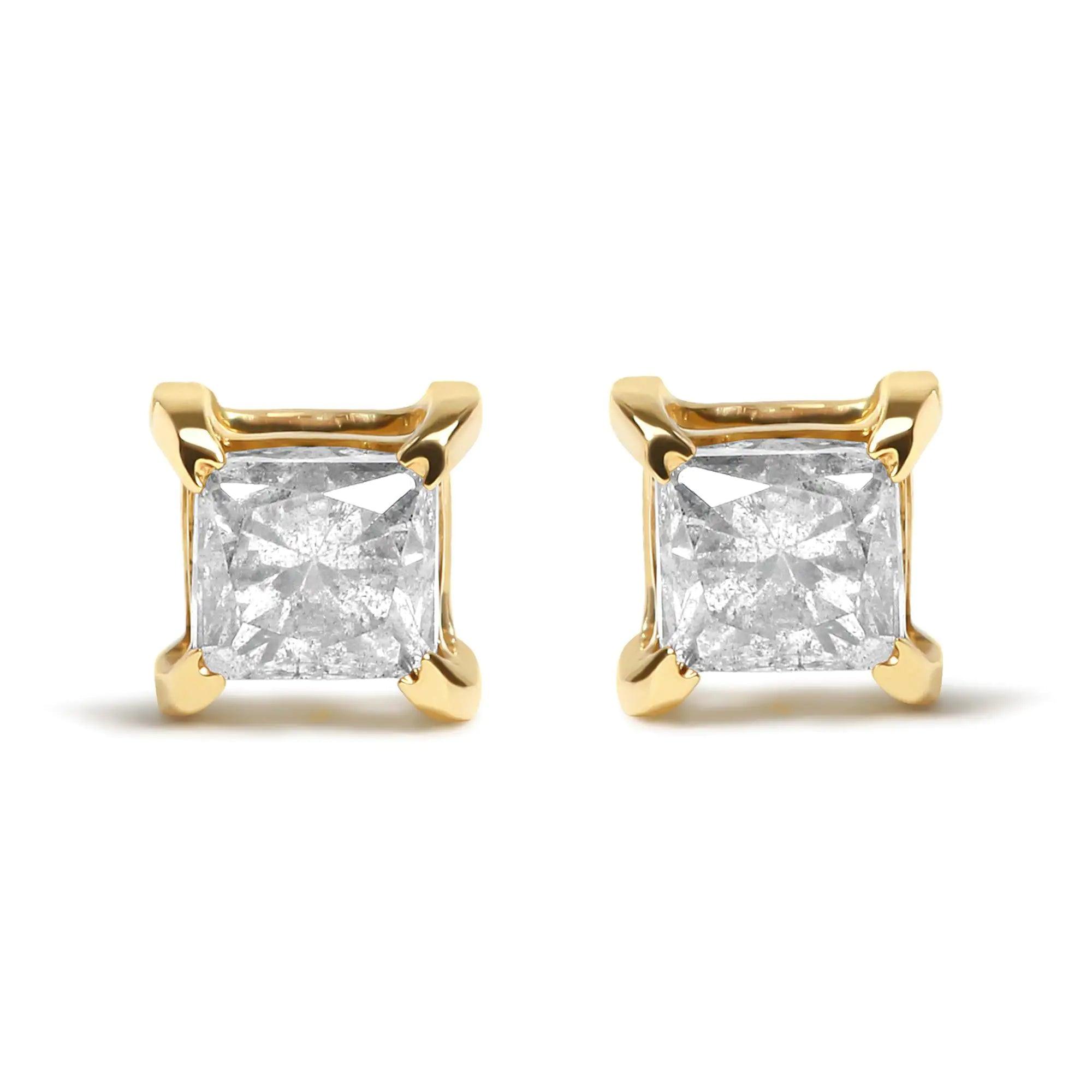 10K Yellow Gold 5/8 Cttw Princess Cut Diamond 4-Prong Solitaire Stud Earrings (J-K Color, I2-I3 Clarity) - Evallys.com # #