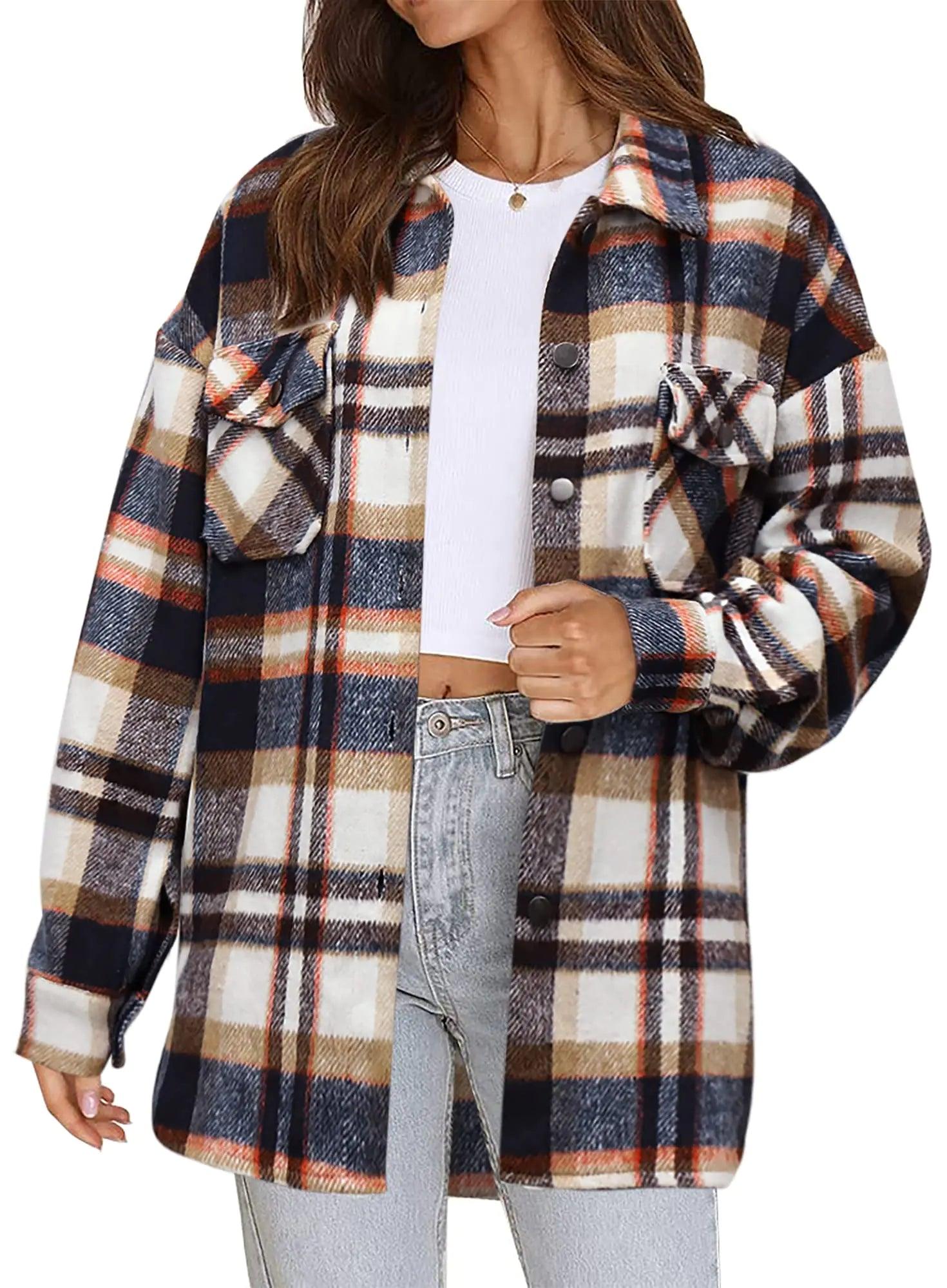 Beaully Women's Flannel Plaid Shacket Long Sleeve Button Down Shirts Jacket Coats with Side Pockets Orange X-Large - Evallys.com # #