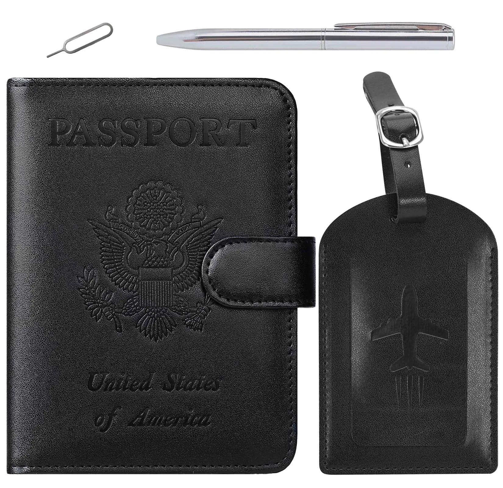 Passport Holder With Luggage Tag Cover Wallet RFID Blocking Leather Case Travel Essentials Accessories Travel Must Have(114#Black) 114#Black - Evallys.com # #