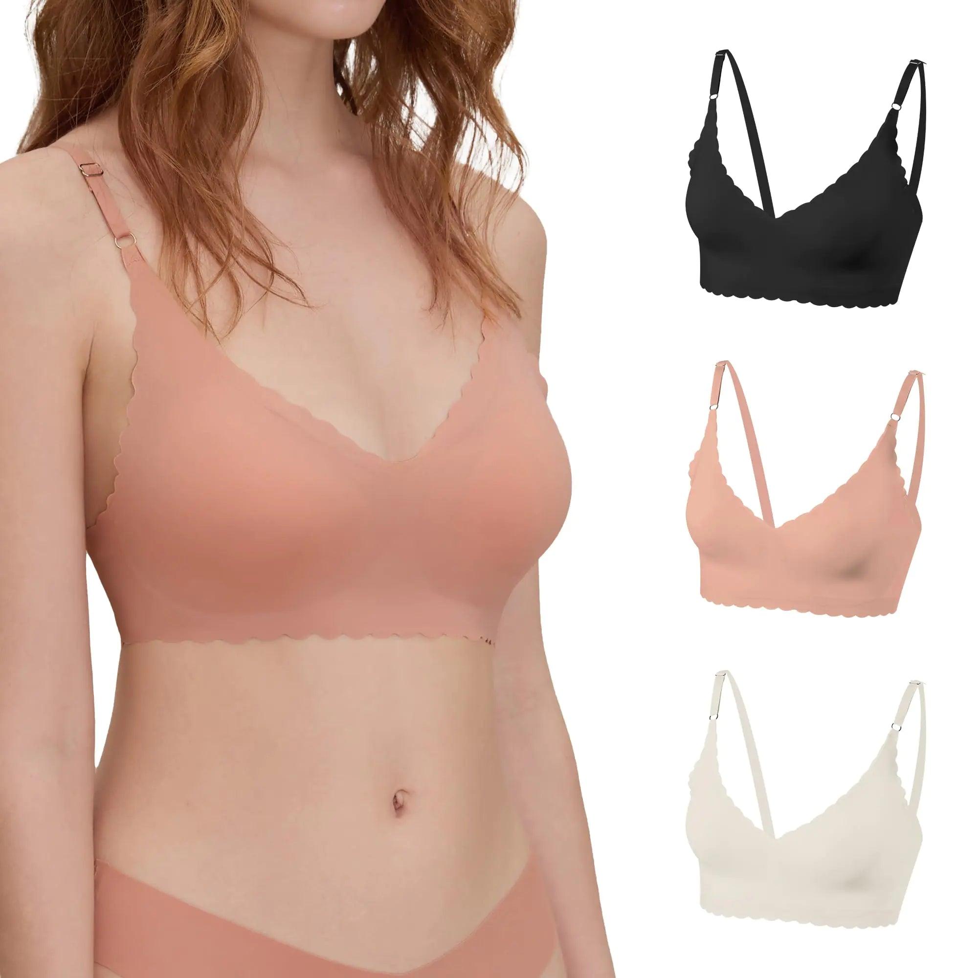 DEANGELMON V Neck Bra Padded Seamless Adjustable Straps Bralettes Everyday Basic Sleeping Bras Multiple Pack Black,soft Peach,apricot Small - Evallys.com # #