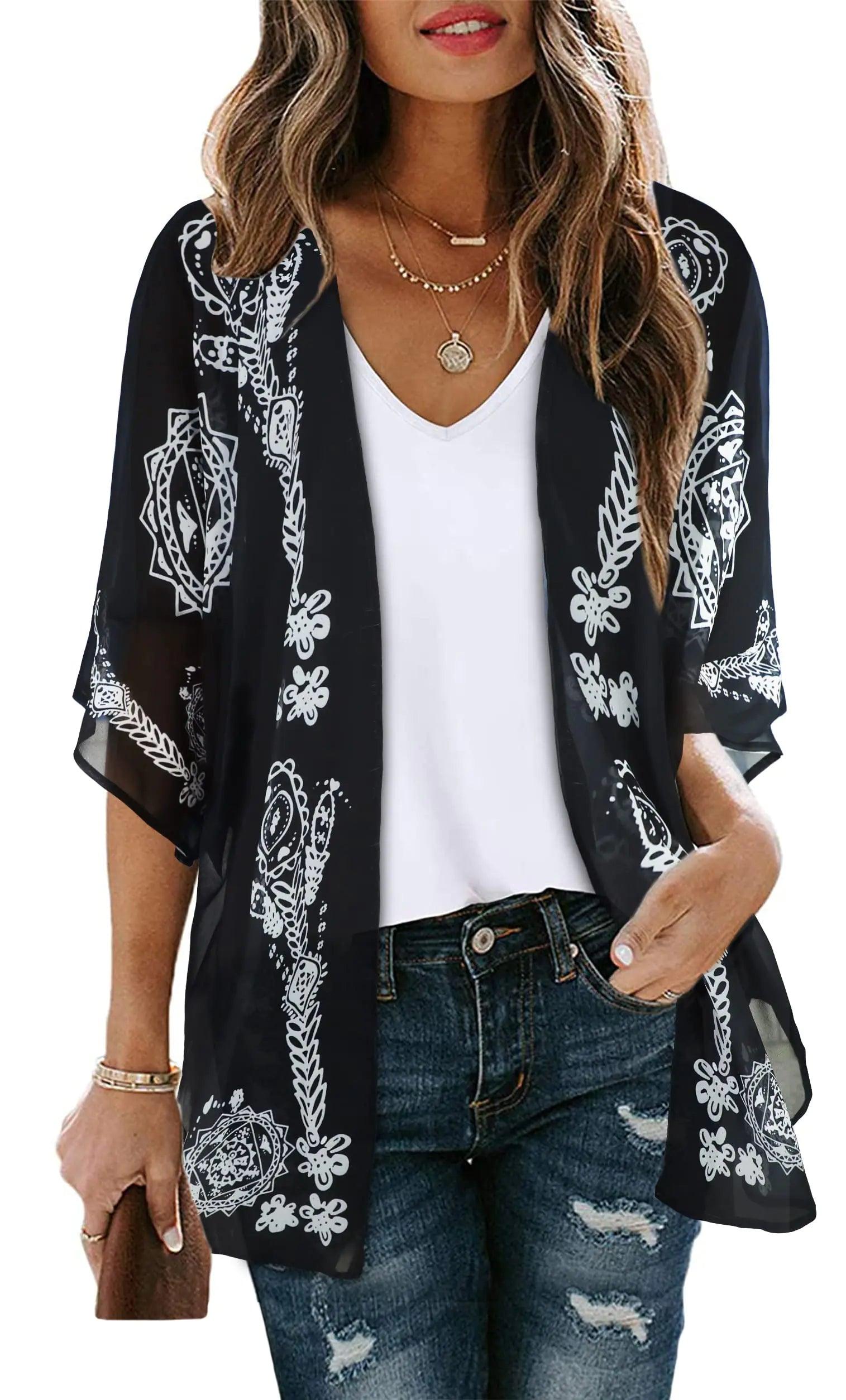 Women's Floral Print Puff Sleeve Kimono Cardigan Loose Cover Up Casual Blouse Tops Small Orange Black - Evallys.com