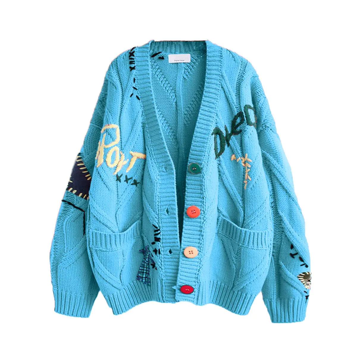 Women's Cable Knit Long Sleeve Open Front Cardigan Sheep V-Neck Button Down Embroidery Wool Blend Sweater Coat Outwear X-Small Blue - Evallys.com # #