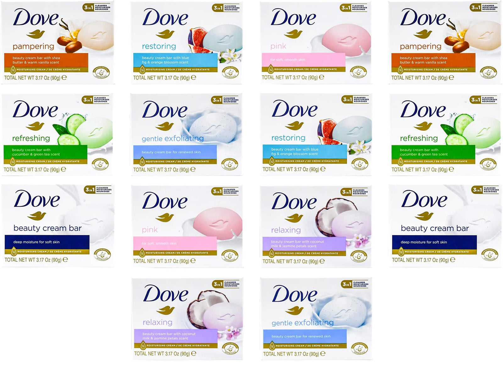 Dove, Beauty Bar Soap Variety Pack of 14, Go Fresh, Shea Butter, Coconut Milk, White, Pampering, Restoring, Exfoliating - 90g (7 Scents, 2 of Each) - Evallys.com # #