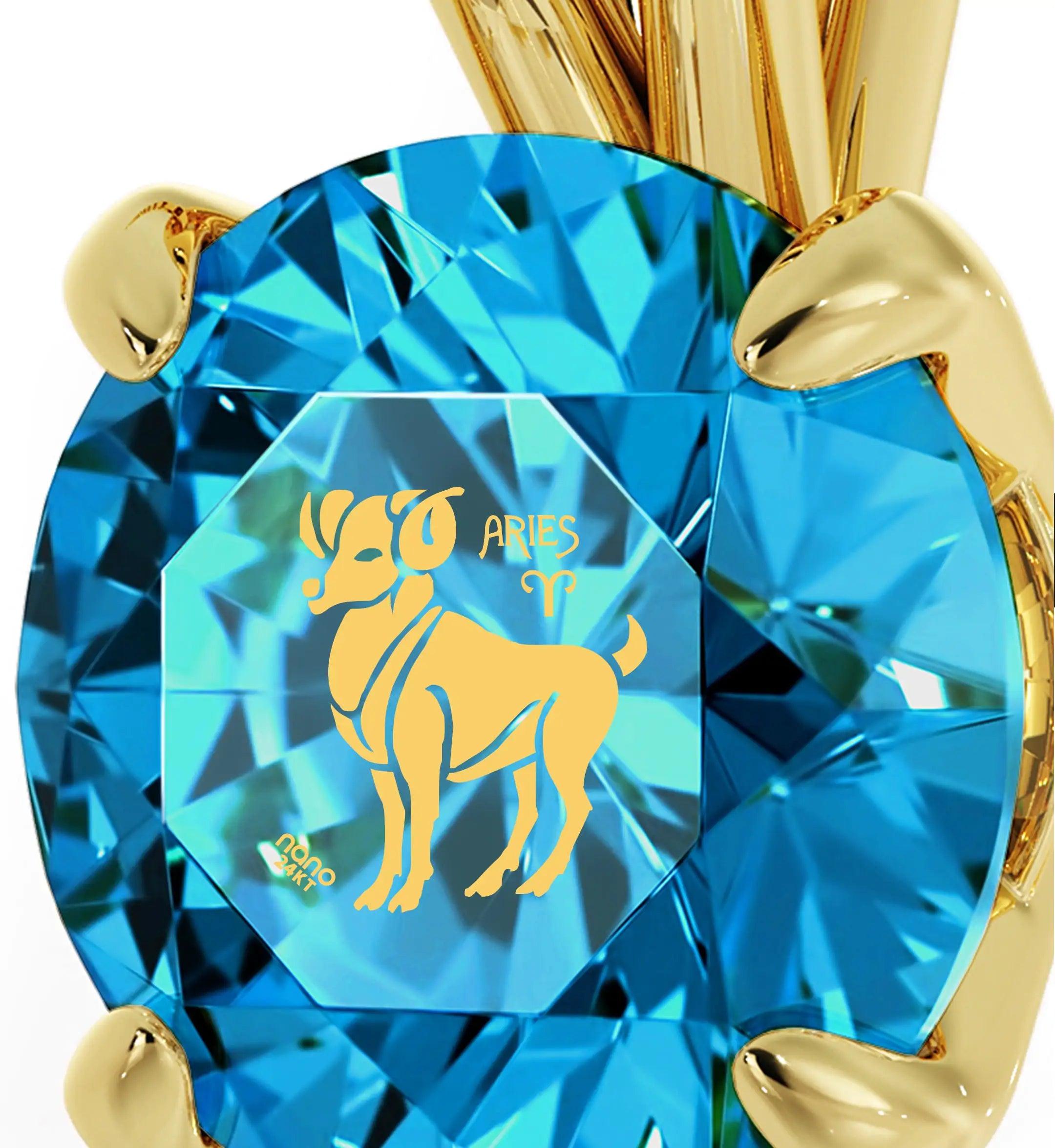 14k Yellow Gold Aries Necklace Zodiac Pendant 24k Gold inscribed on Crystal - Evallys.com