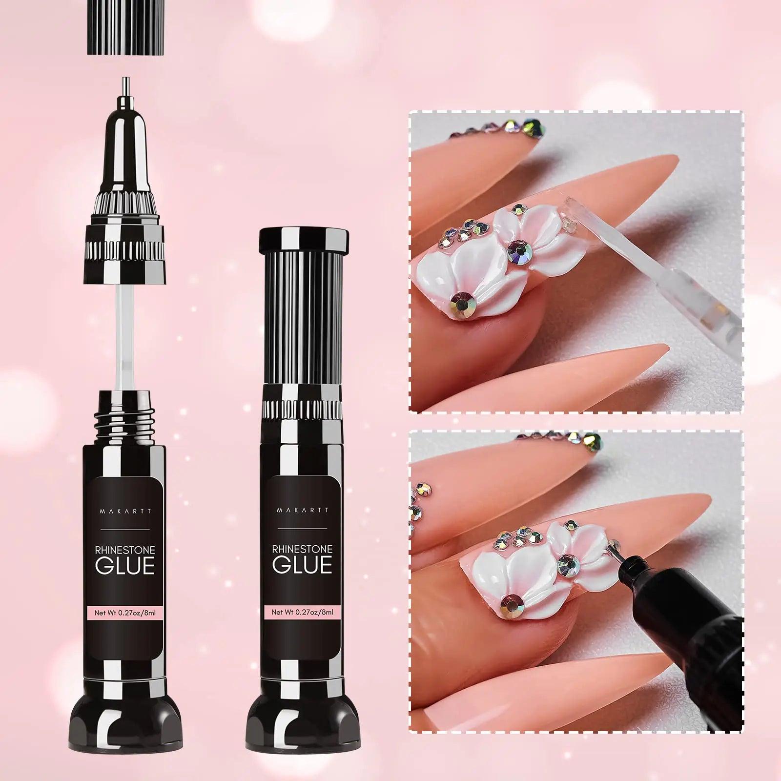 Makartt Nail Rhinestone Glue Gel, Upgrade Gel Nail Glue with Brush Pen Tip Super Strong Adhesive Precise for Nail Charms Crystals Rhinestones Beads Flower 3D Decorations 8ml*2 B-For Tiny Nail Rhinestones - Evallys.com # #