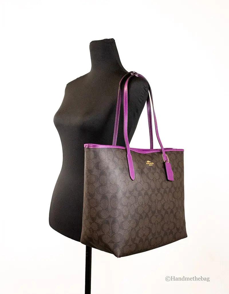 Coach (5696) Graphite Brown Dark Magenta Coated Canvas City Tote Shoulder Bag - Evallys.com # #