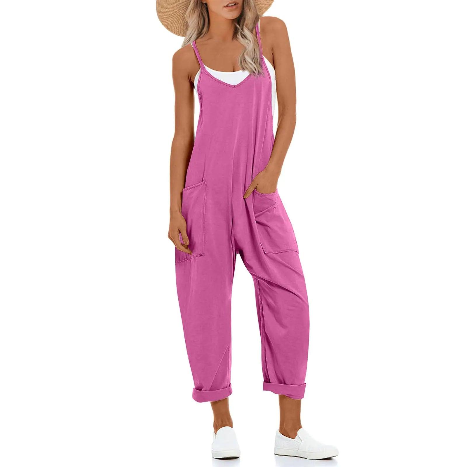 One Piece Jumpsuits for women V Neck Sleeveless Loose Fit overalls Spaghetti Strap Harem Long Pants with Pockets Purple Pink X-Large - Evallys.com # #