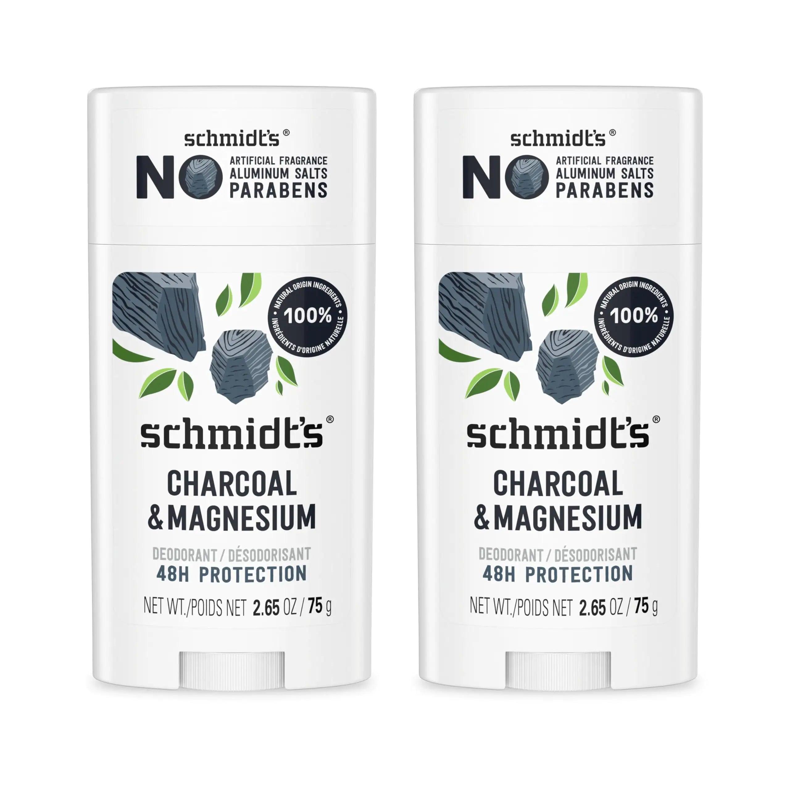 Schmidt's Aluminum-Free Vegan Deodorant Charcoal & Magnesium with 48 Hour Odor Protection, 2 Count for Women and Men, Natural Ingredients, Cruelty-Free, 2.65 oz, Pack of 2 - Evallys.com # #