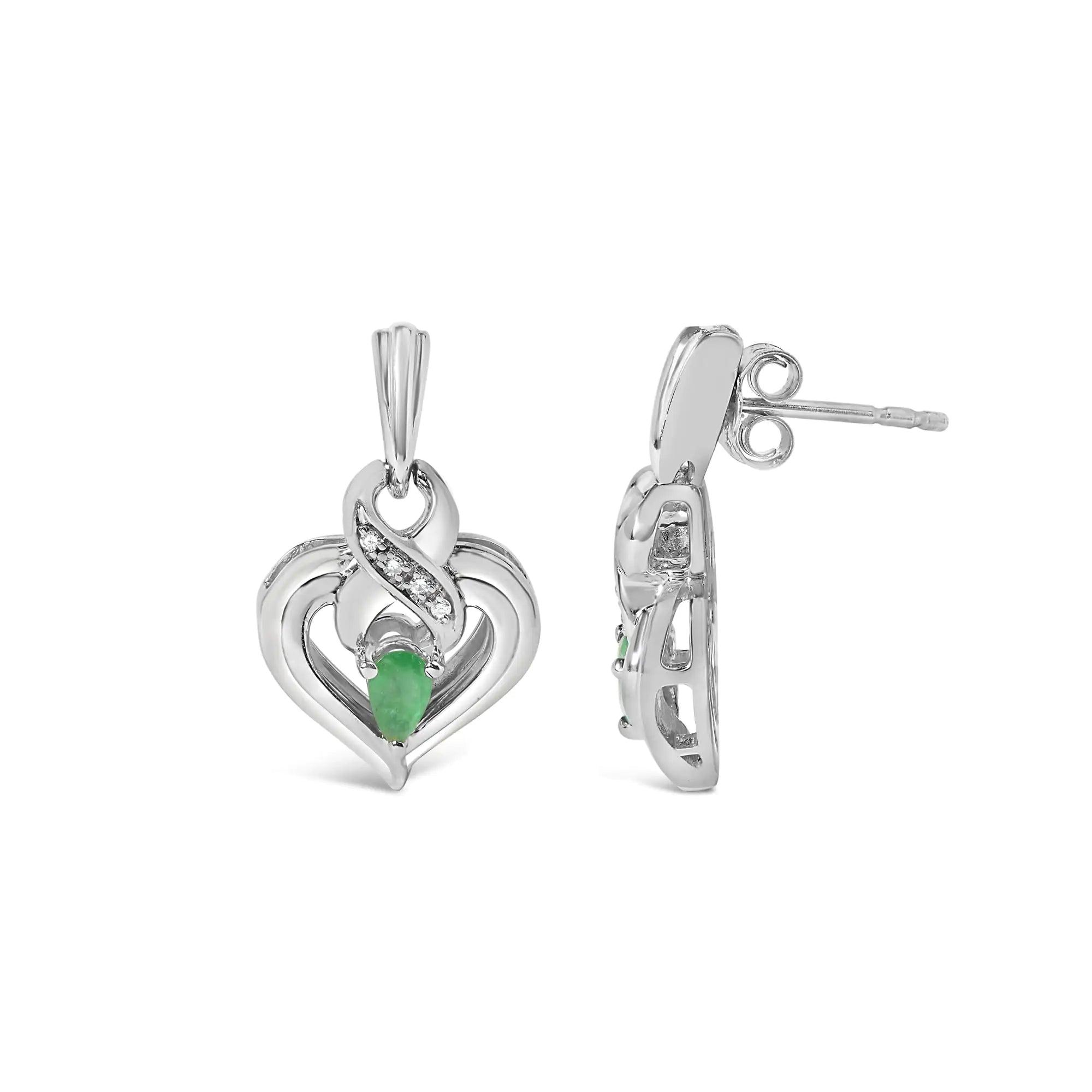 .925 Sterling Silver 5x3mm Pear Emerald Gemstone with Diamond Accent Heart Dangle Stud Earrings (H-I Color, SI1-SI2 Clarity) - Evallys.com # #