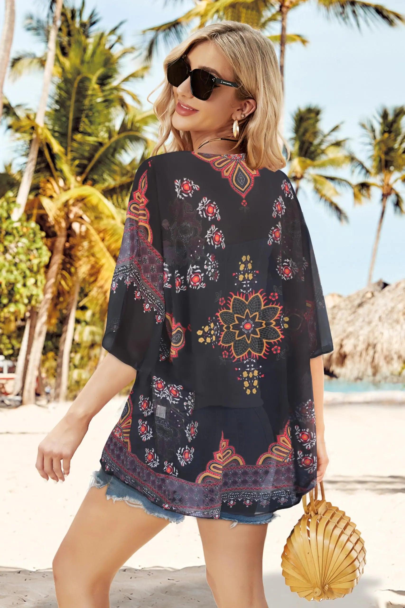 Women's Floral Print Puff Sleeve Kimono Cardigan Loose Cover Up Casual Blouse Tops Small Orange Black - Evallys.com