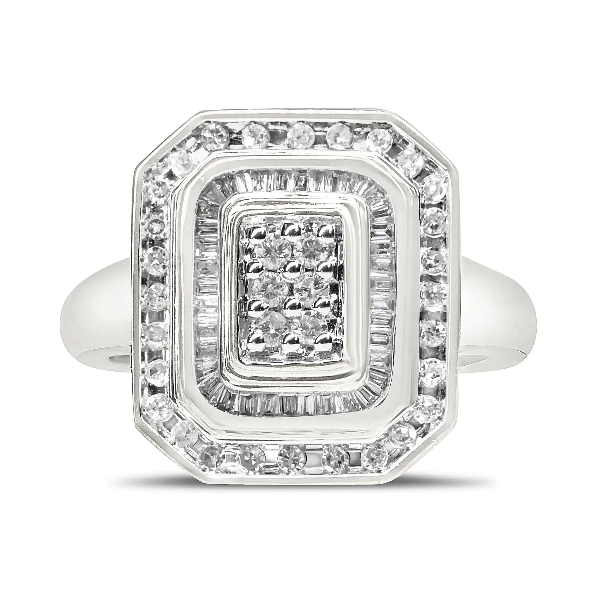 .925 Sterling Silver Round & Baguette Diamond Ring (1 Cttw, I-J Color, I2-I3 Clarity) - Evallys.com # #